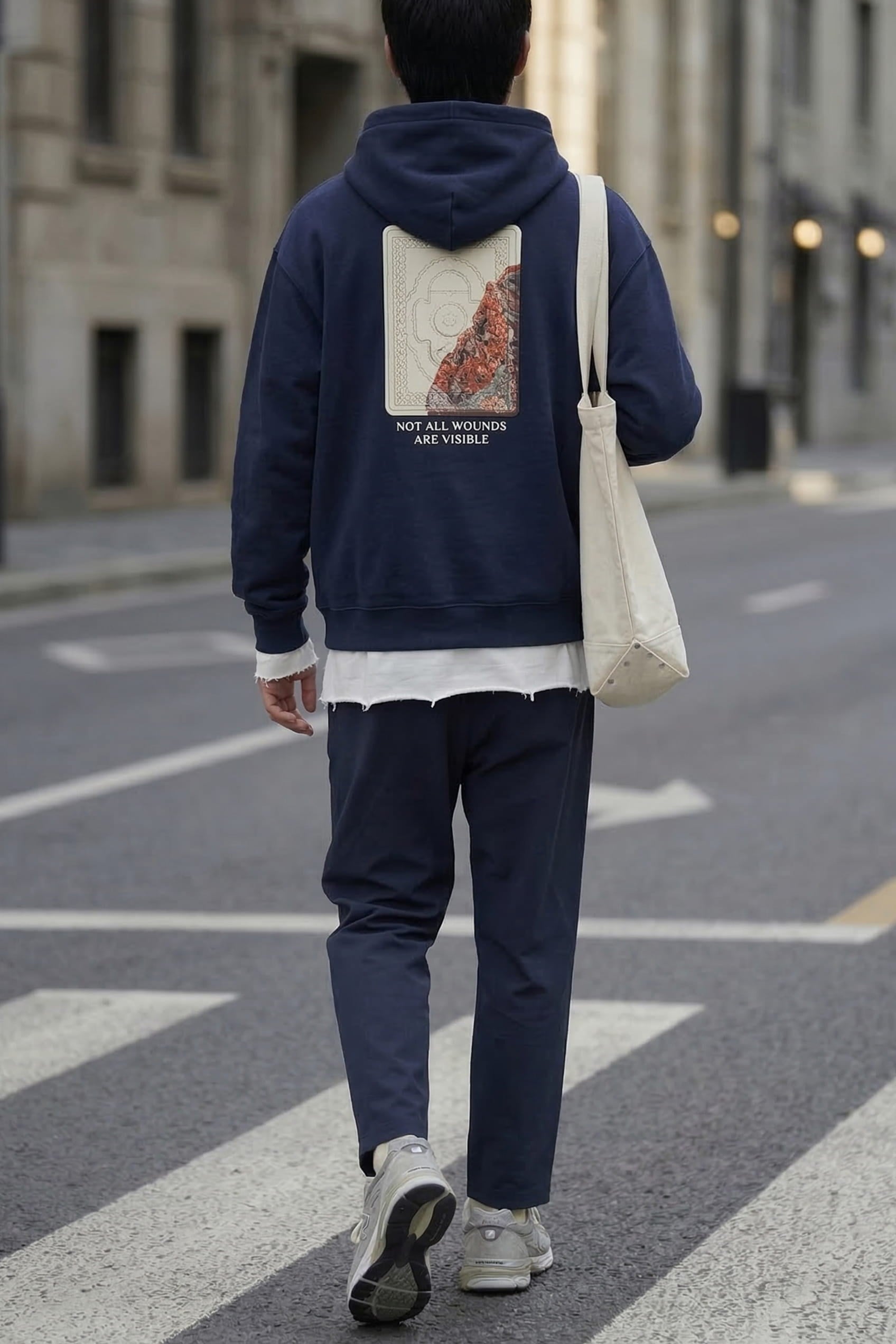 Erkek Baskılı Oversize Premium Kumaş Hoodie Lacivert