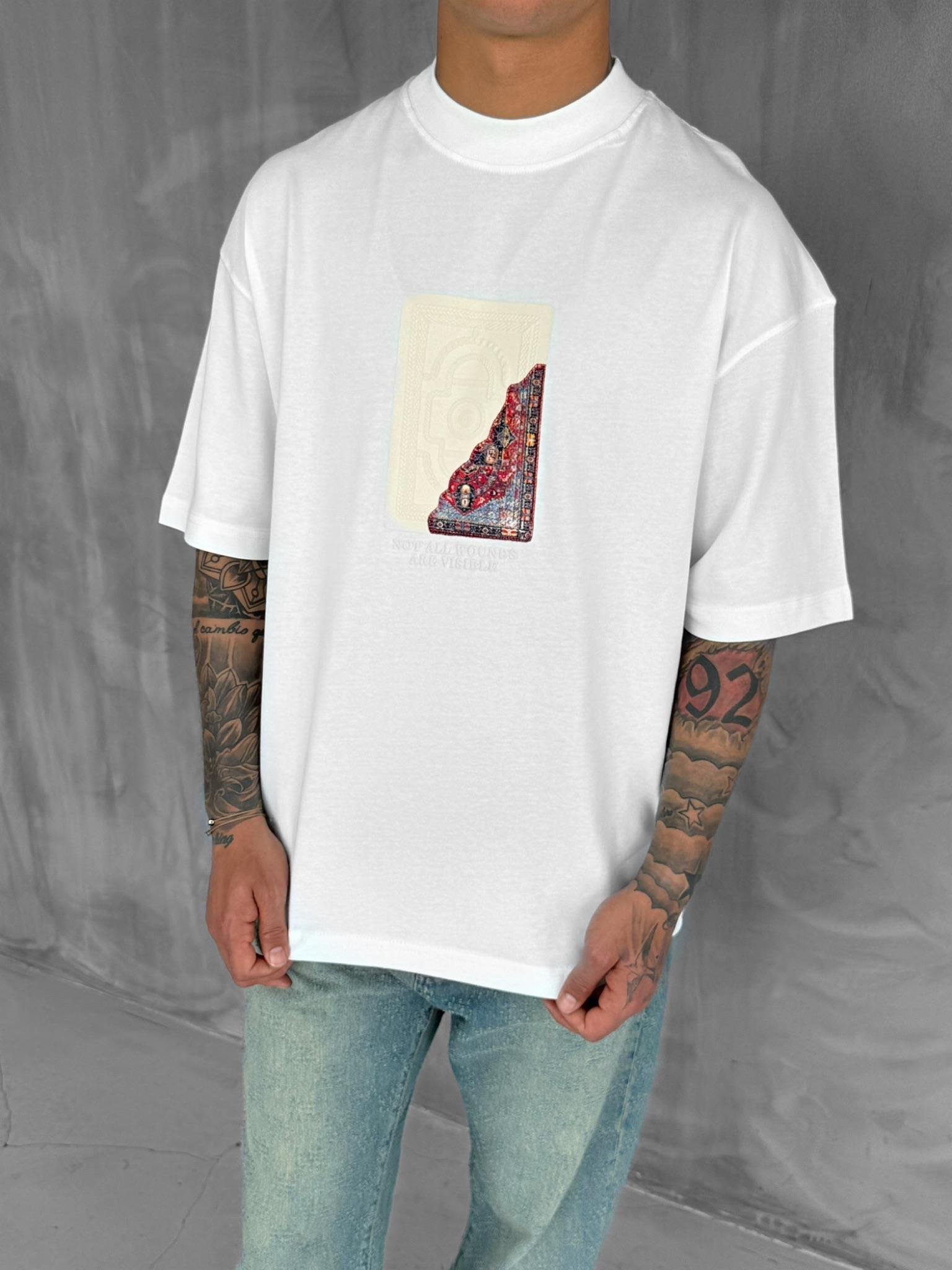 Erkek Baskılı Oversize T-Shirt Beyaz
