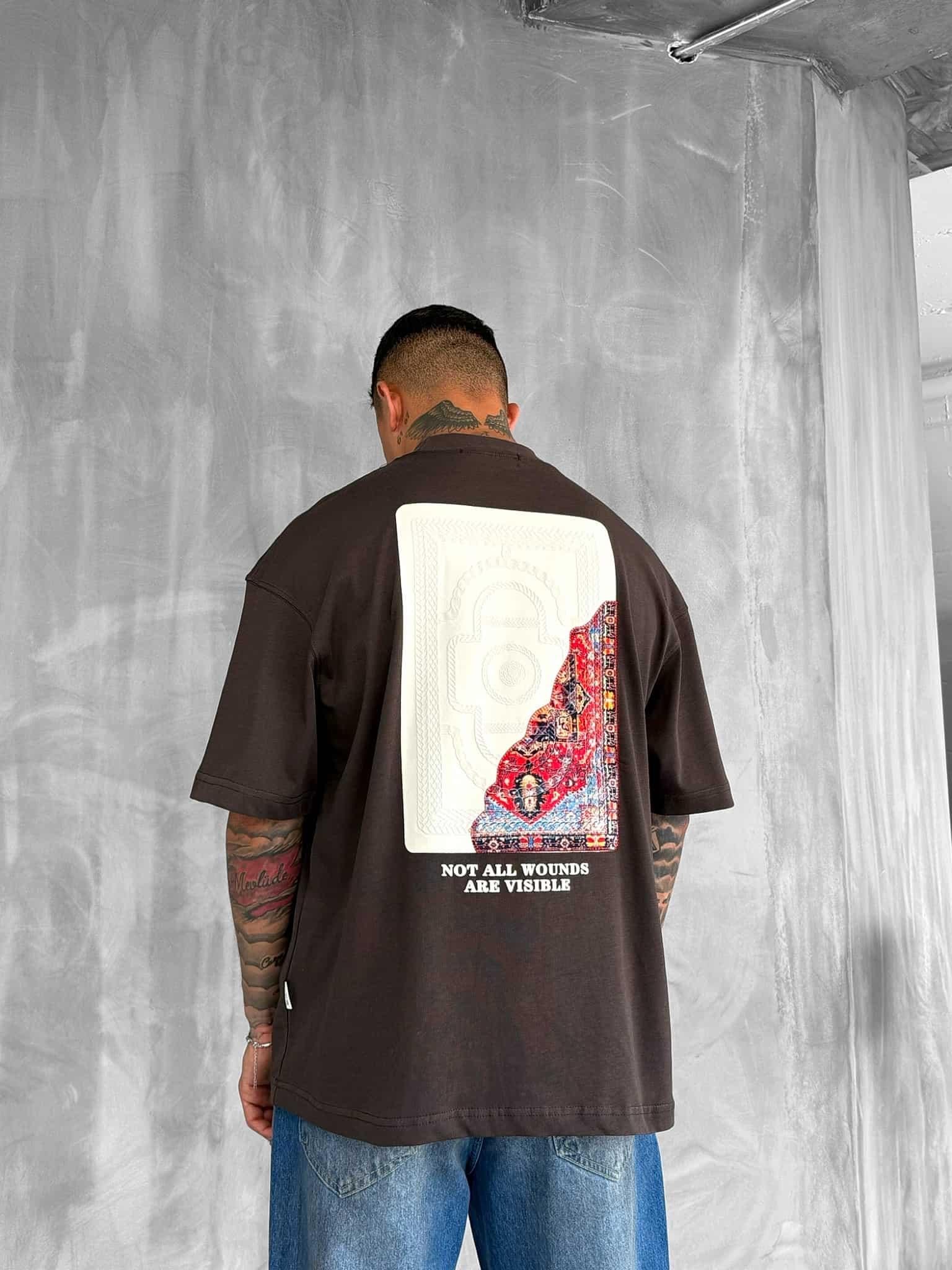 Erkek Baskılı Oversize T-Shirt Kahverengi