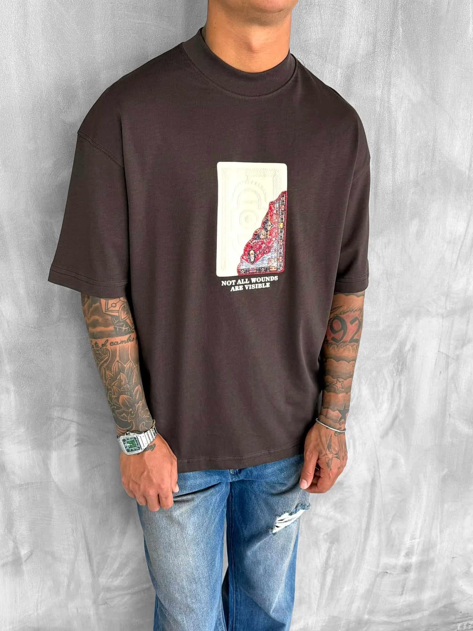 Erkek Baskılı Oversize T-Shirt Kahverengi