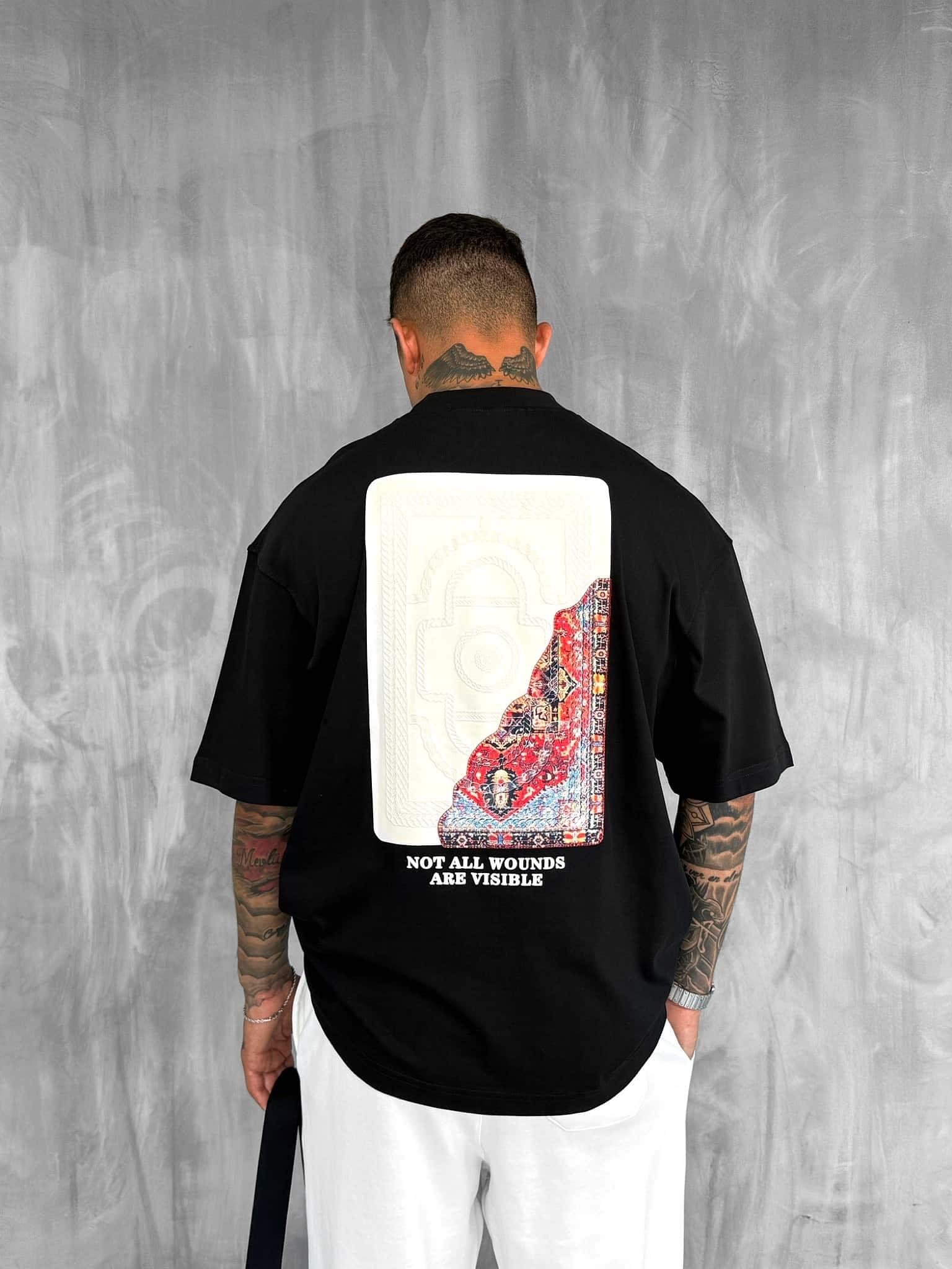 Erkek Baskılı Oversize T-Shirt Siyah