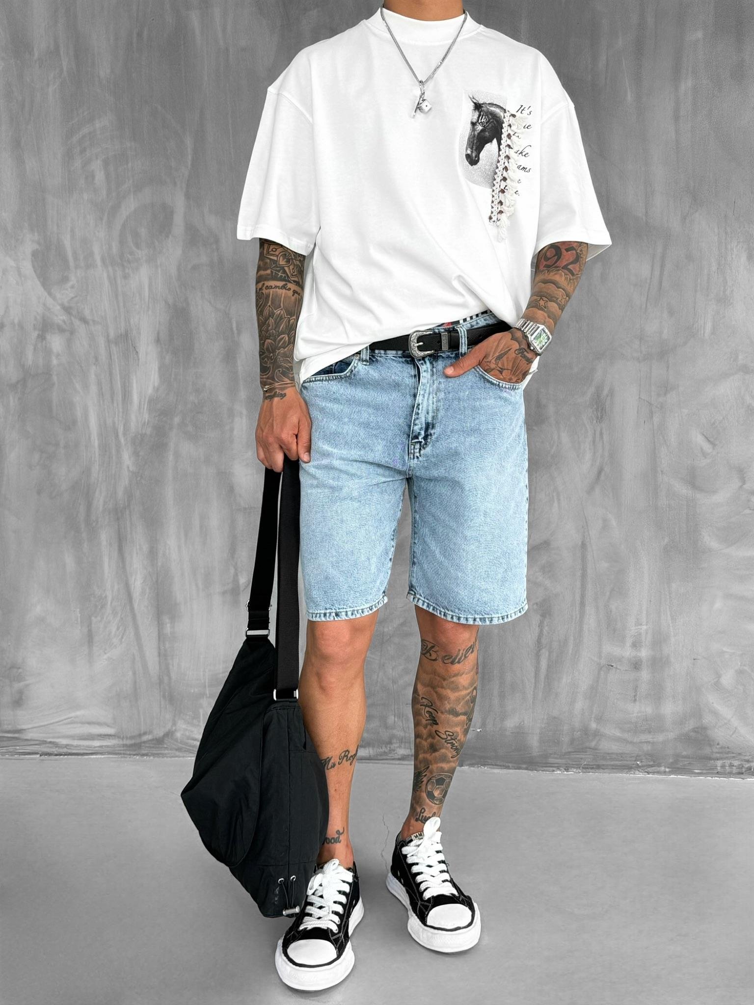 Erkek Baskılı Ve Püsküllü Oversize T-Shirt Beyaz