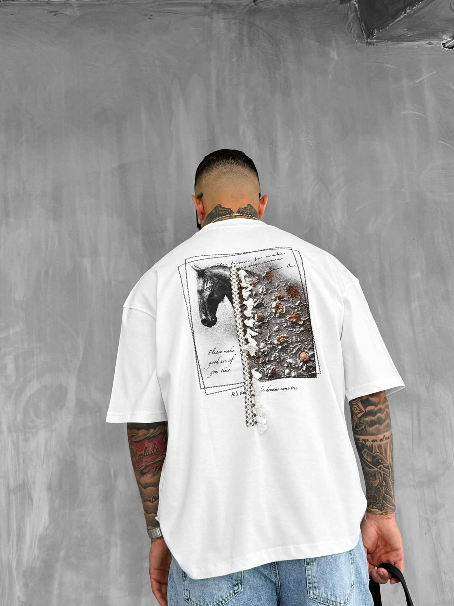 Erkek Baskılı Ve Püsküllü Oversize T-Shirt Beyaz