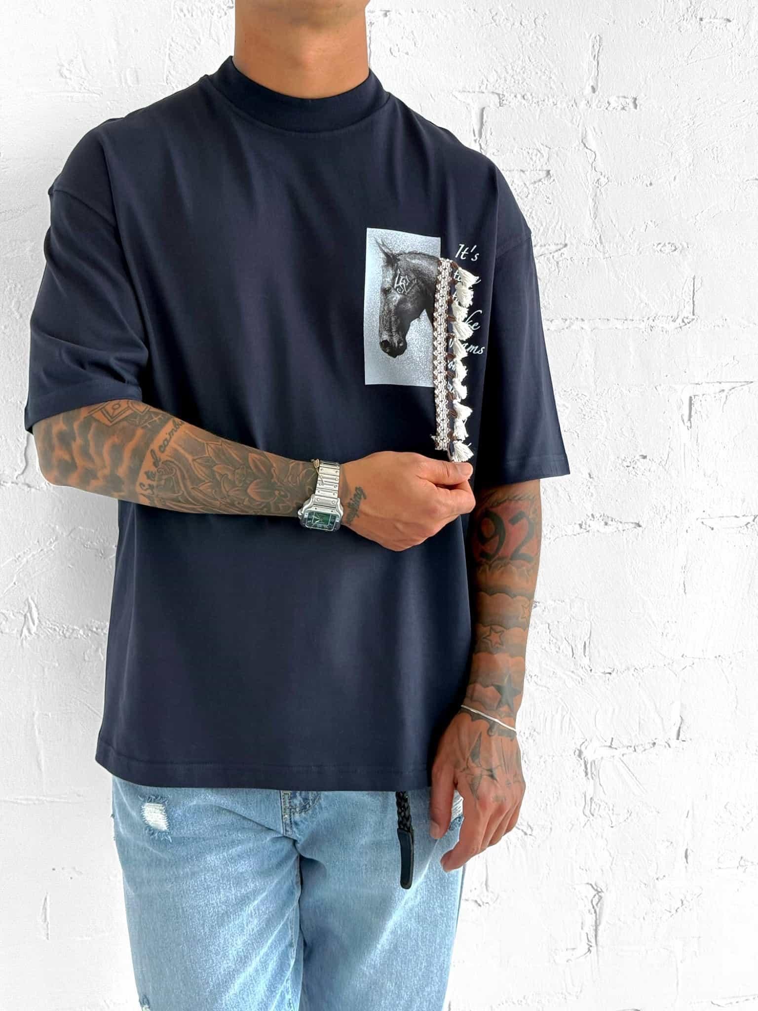 Erkek Baskılı Ve Püsküllü Oversize T-Shirt Lacivert