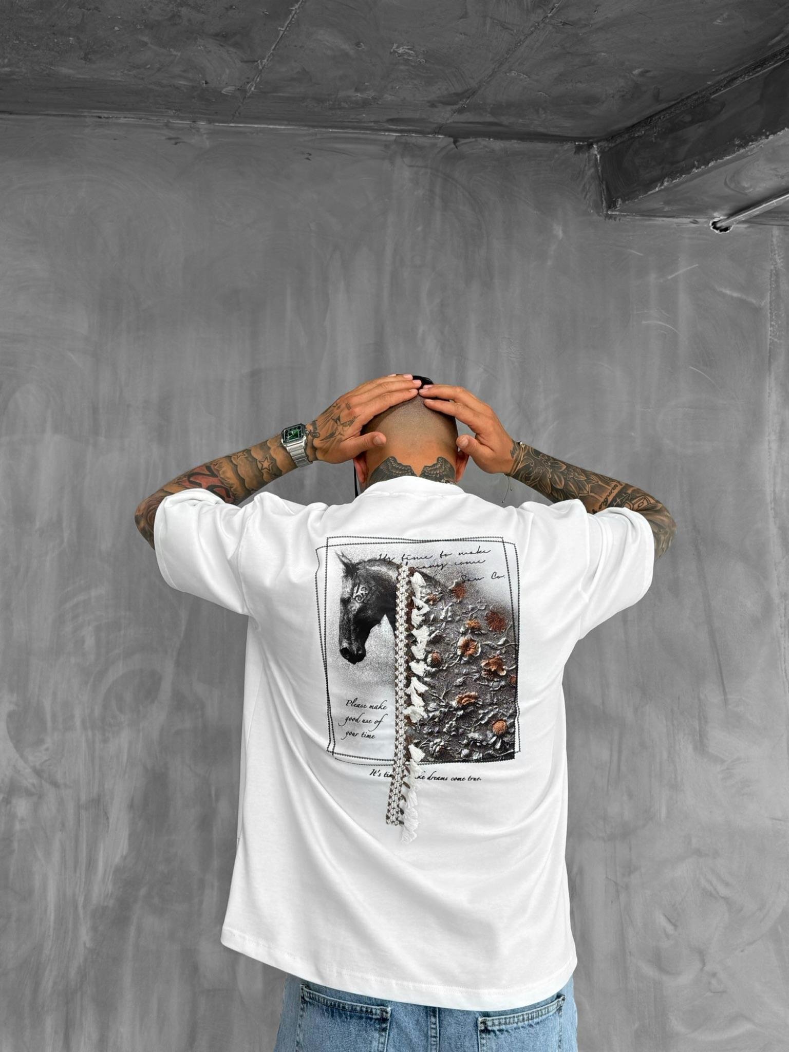 Erkek Baskılı Ve Püsküllü Oversize T-Shirt Beyaz