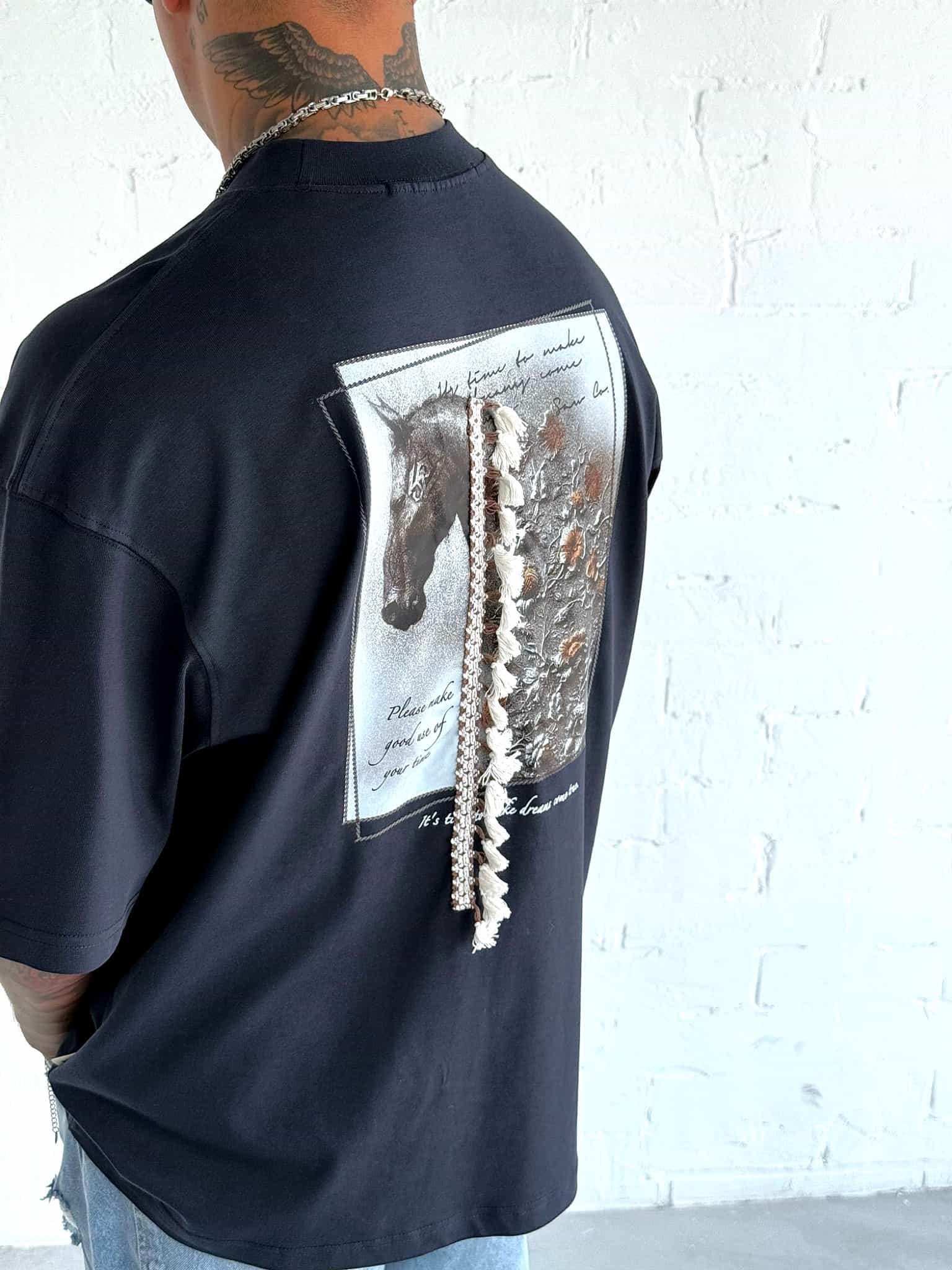 Erkek Baskılı Ve Püsküllü Oversize T-Shirt Lacivert