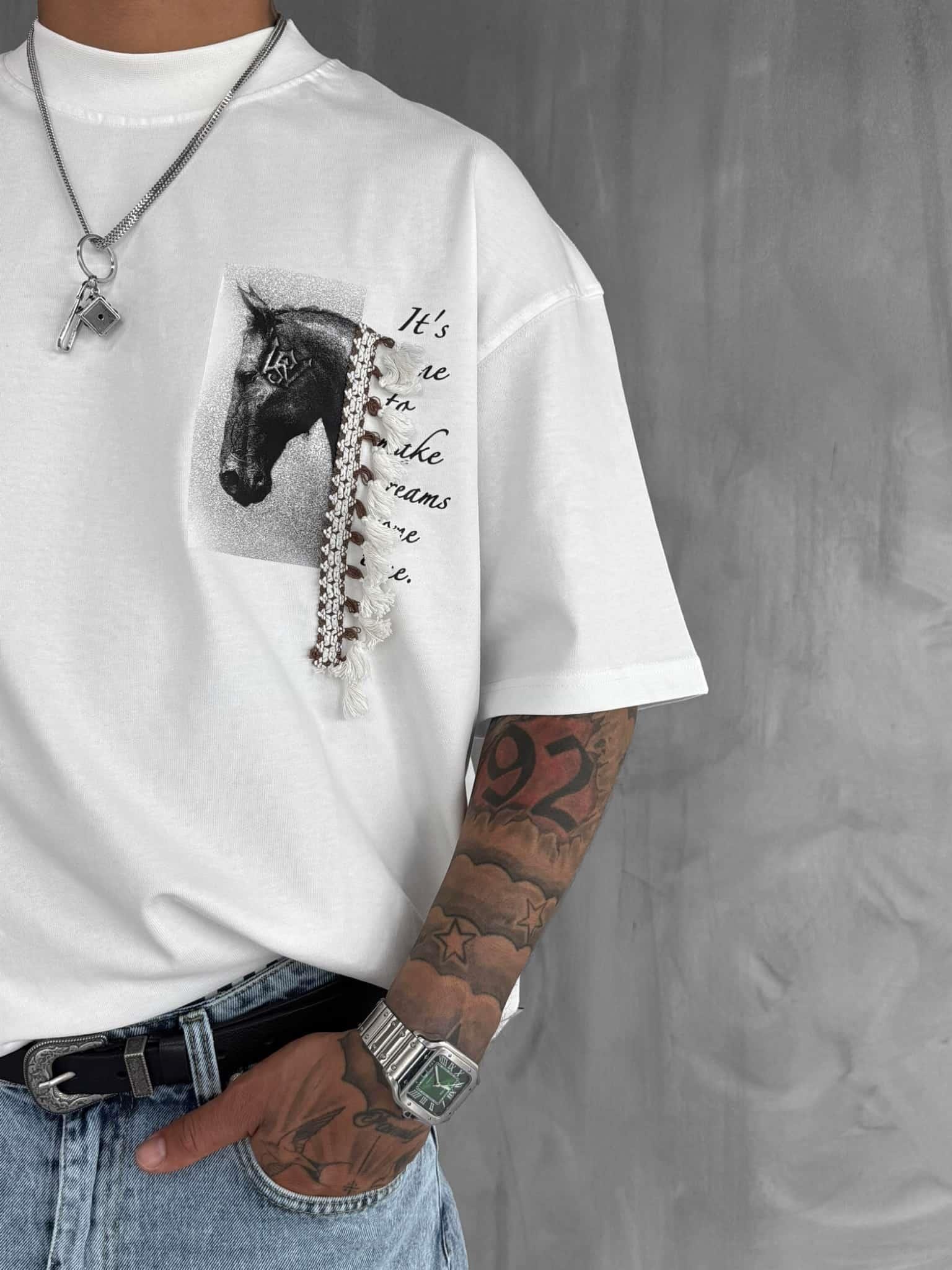 Erkek Baskılı Ve Püsküllü Oversize T-Shirt Beyaz