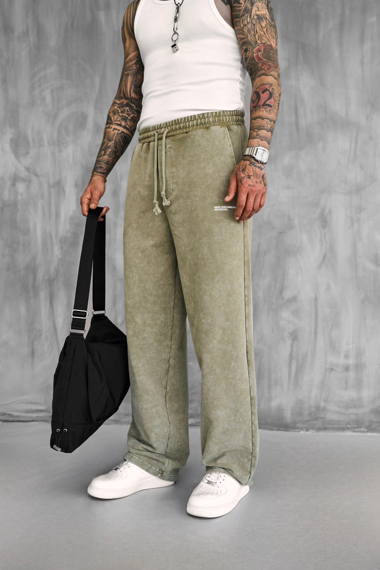 Erkek Baskılı Yıkamalı Baggy Fit Eşofman Haki
