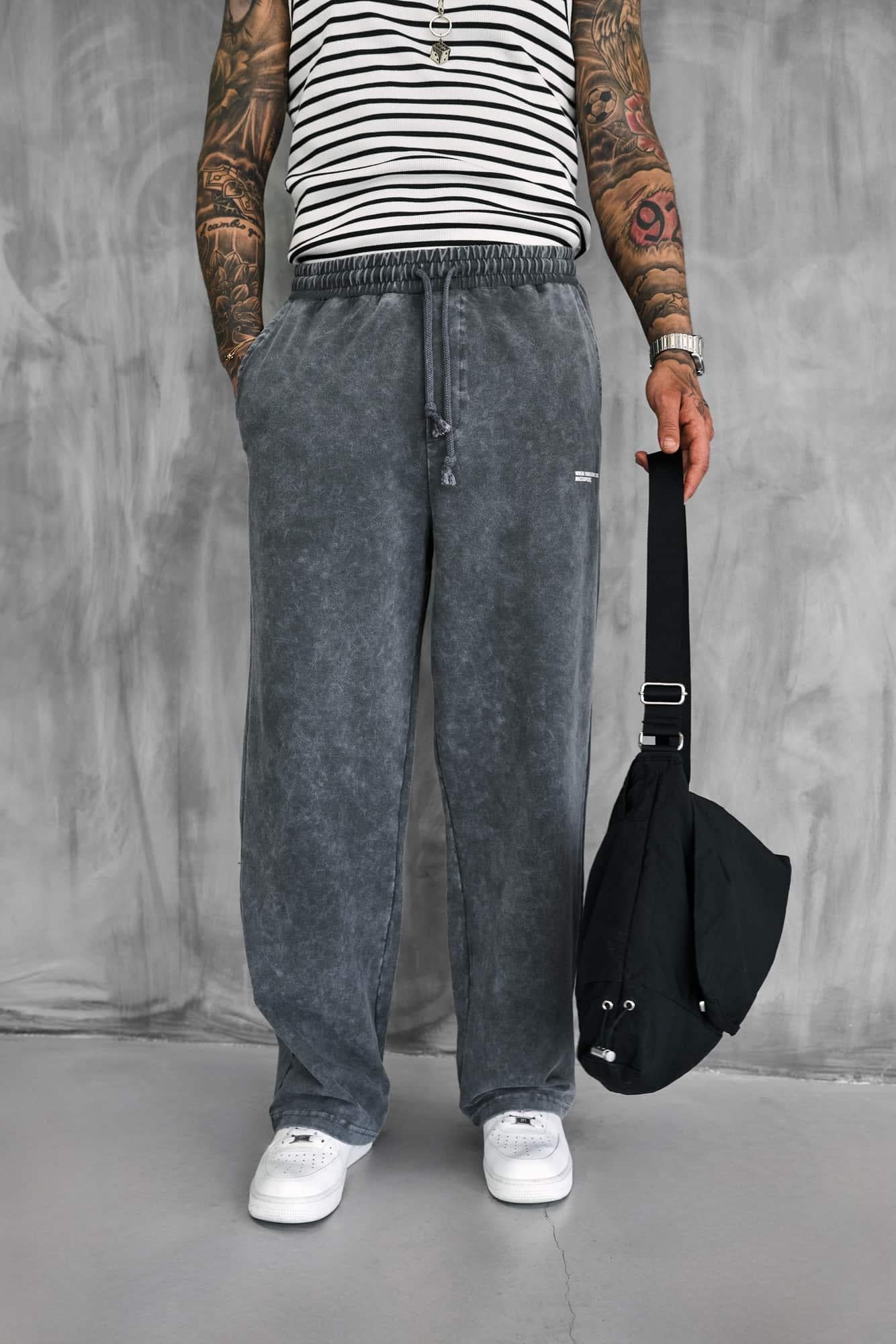 Erkek Baskılı Yıkamalı Baggy Fit Eşofman Füme