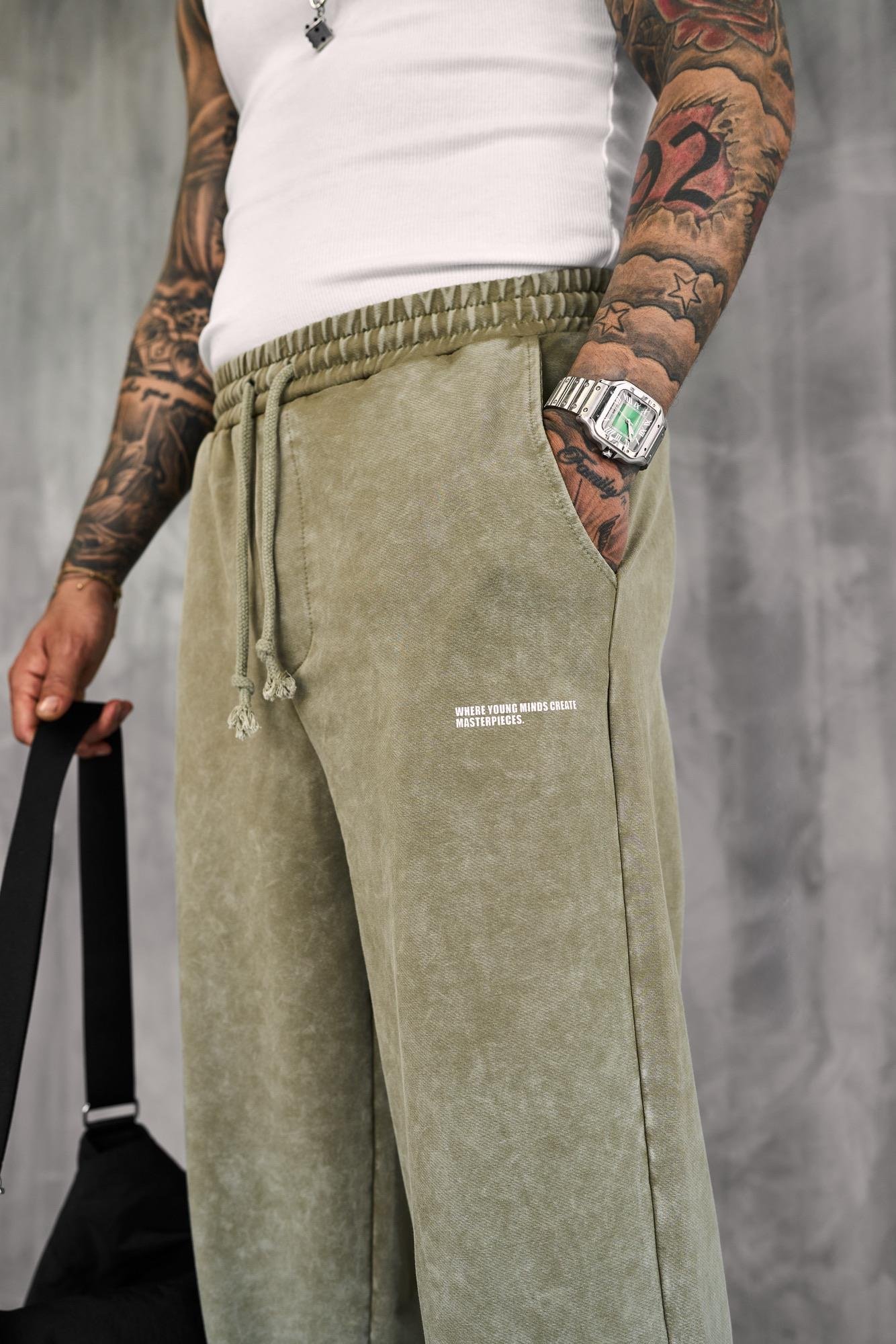 Erkek Baskılı Yıkamalı Baggy Fit Eşofman Haki