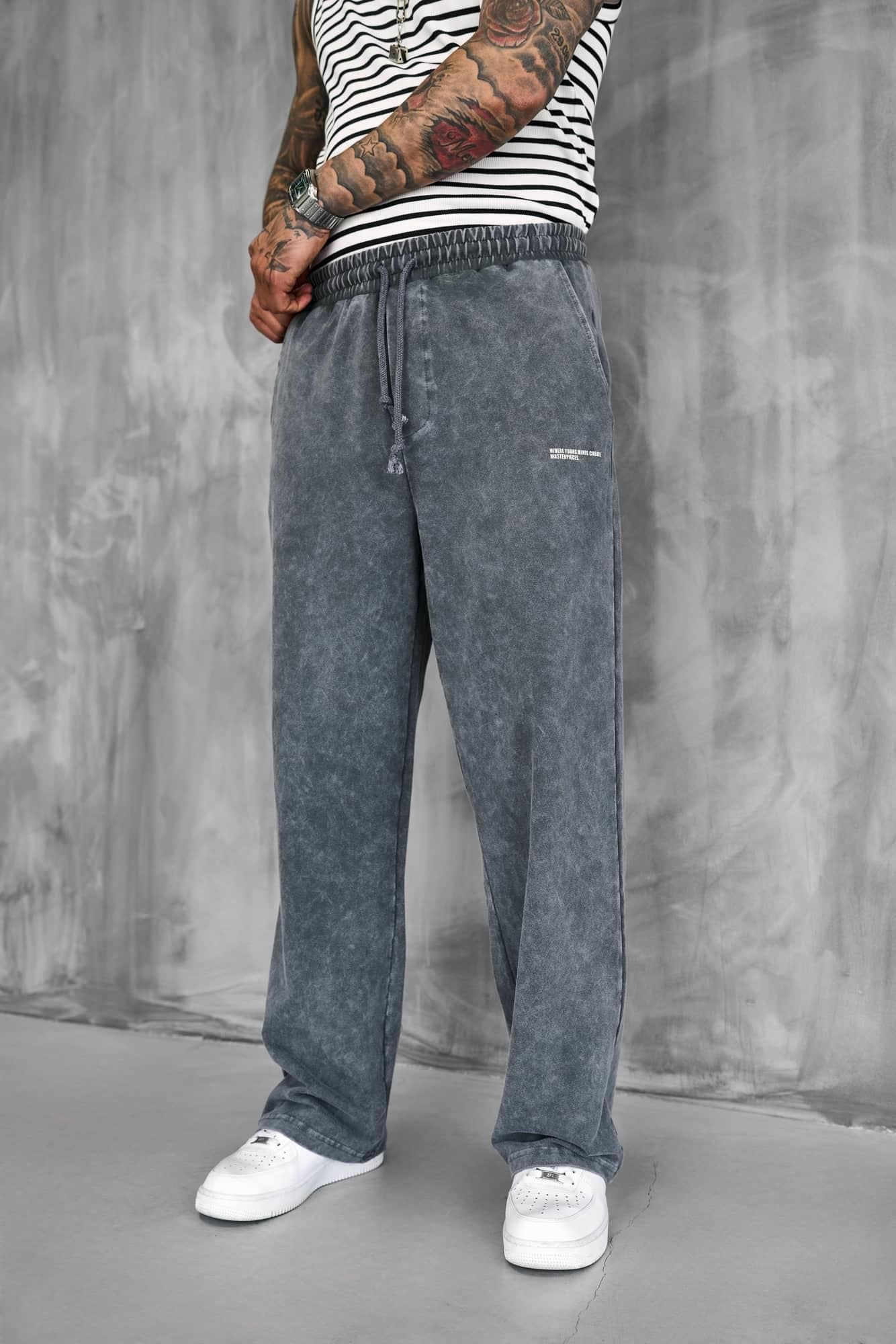Erkek Baskılı Yıkamalı Baggy Fit Eşofman Füme