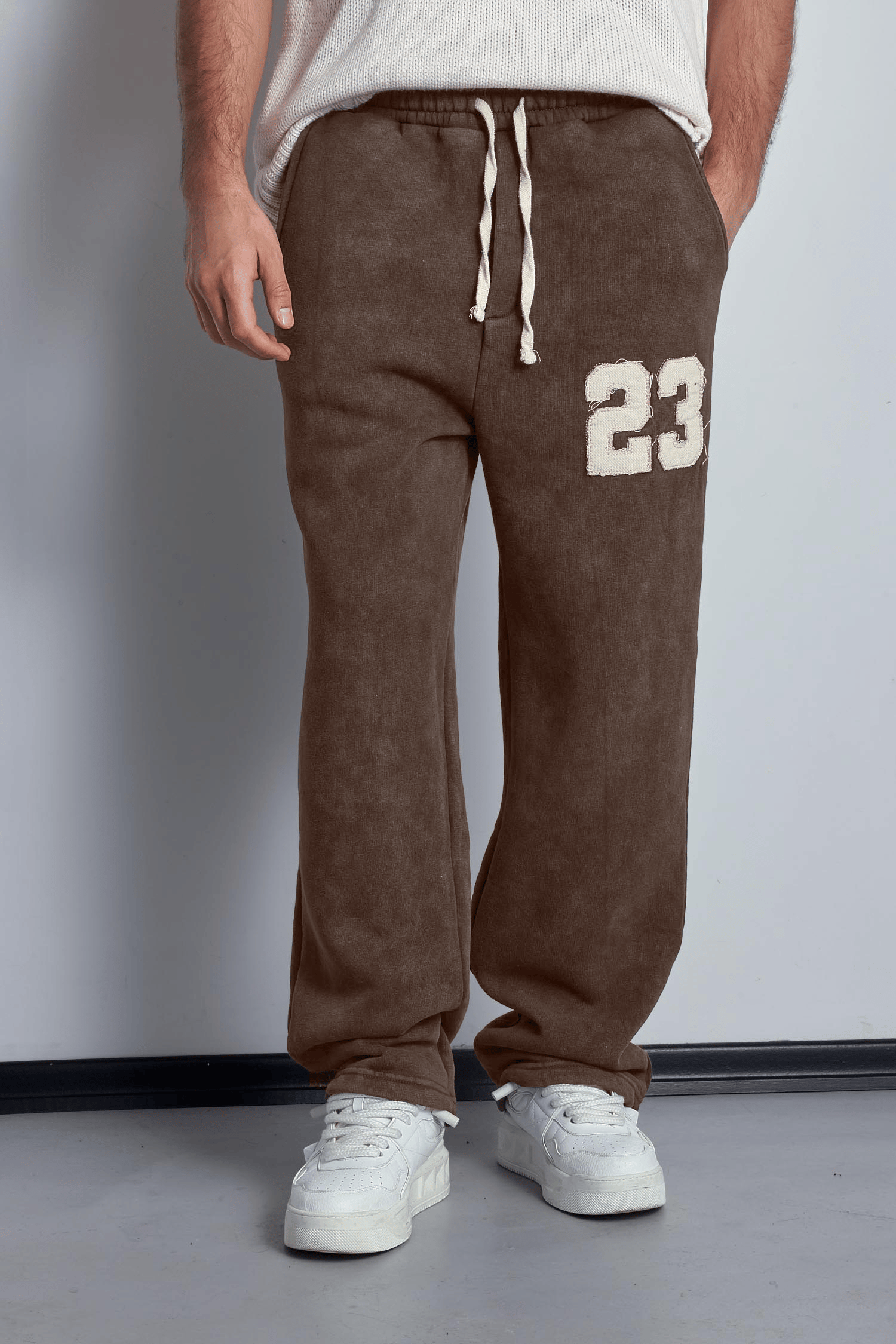 Erkek Baskılı Yıkamalı Baggy Fit Eşofman Kahverengi