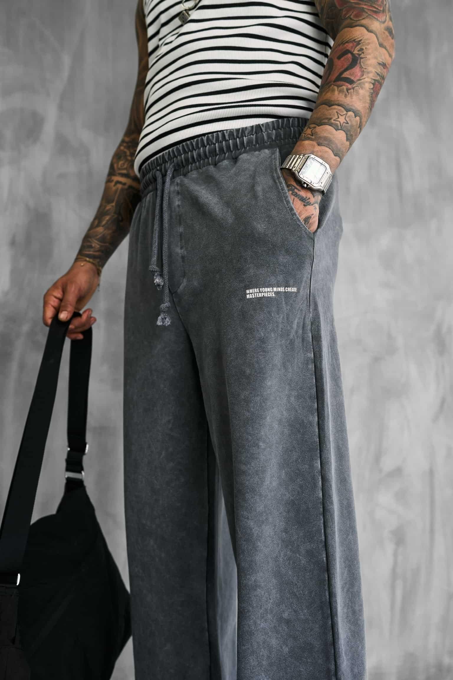 Erkek Baskılı Yıkamalı Baggy Fit Eşofman Füme