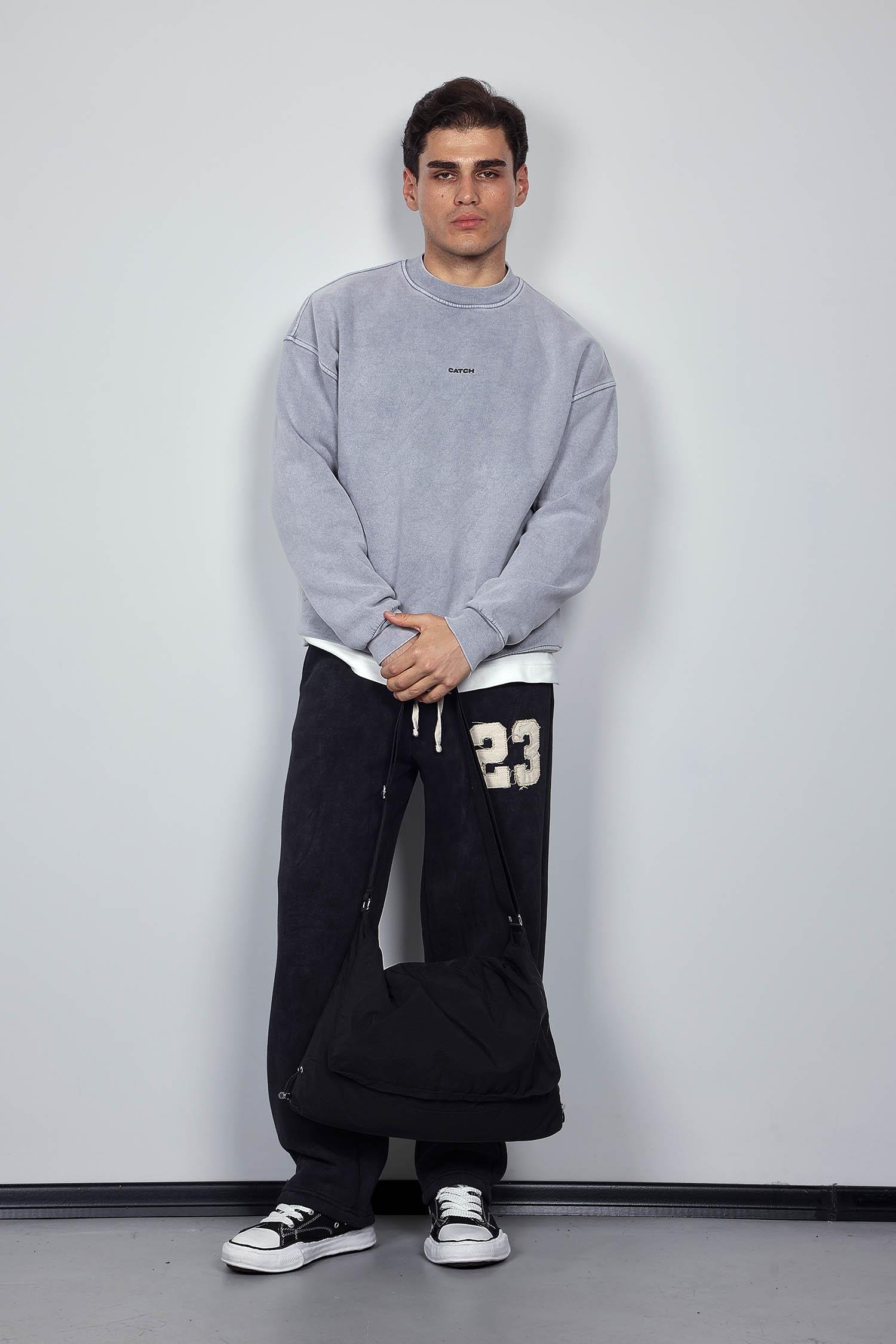 Erkek Baskılı Yıkamalı Baggy Fit Eşofman Siyah