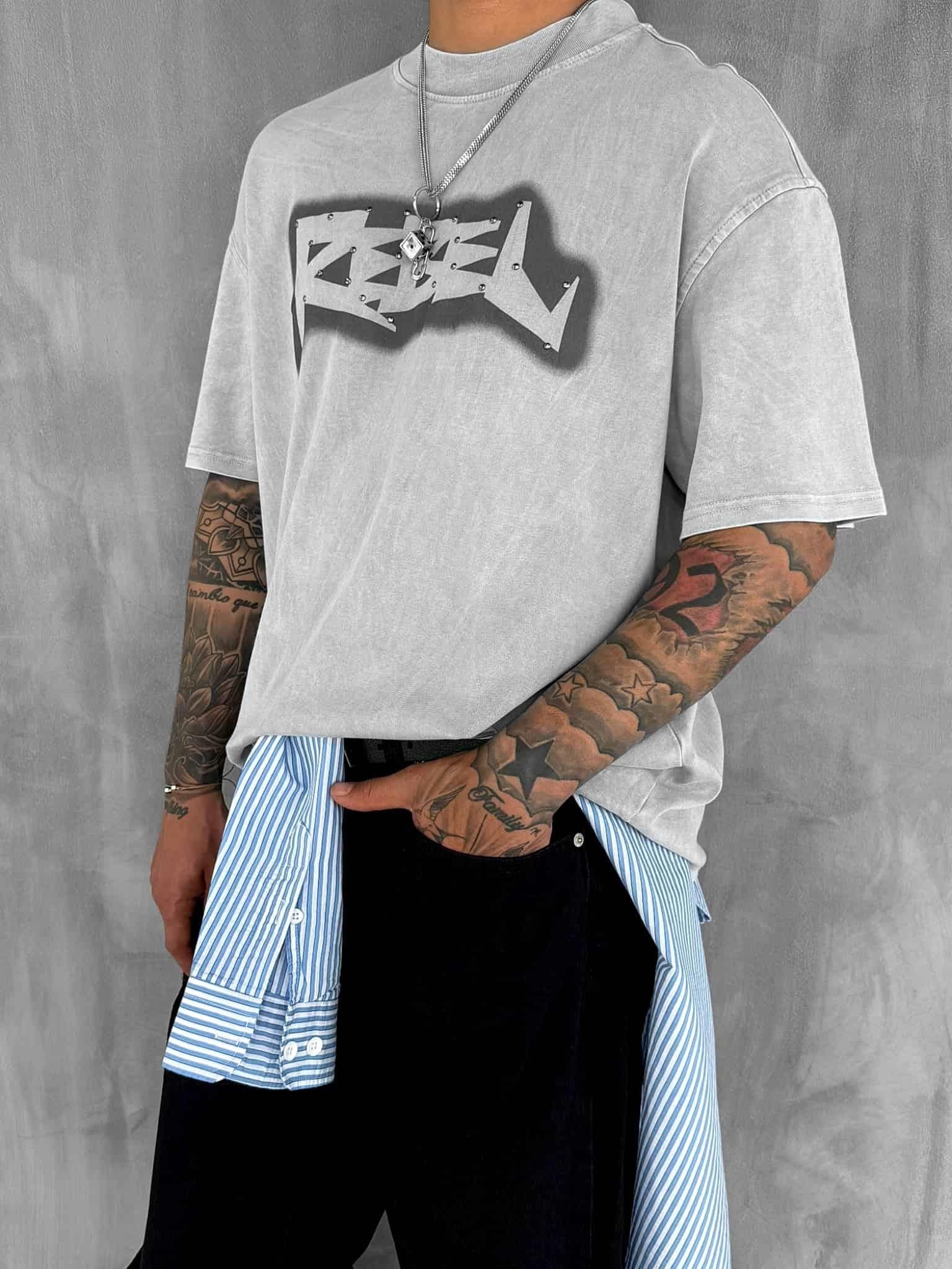 Erkek Baskılı Yıkamalı Oversize T-Shirt Gri