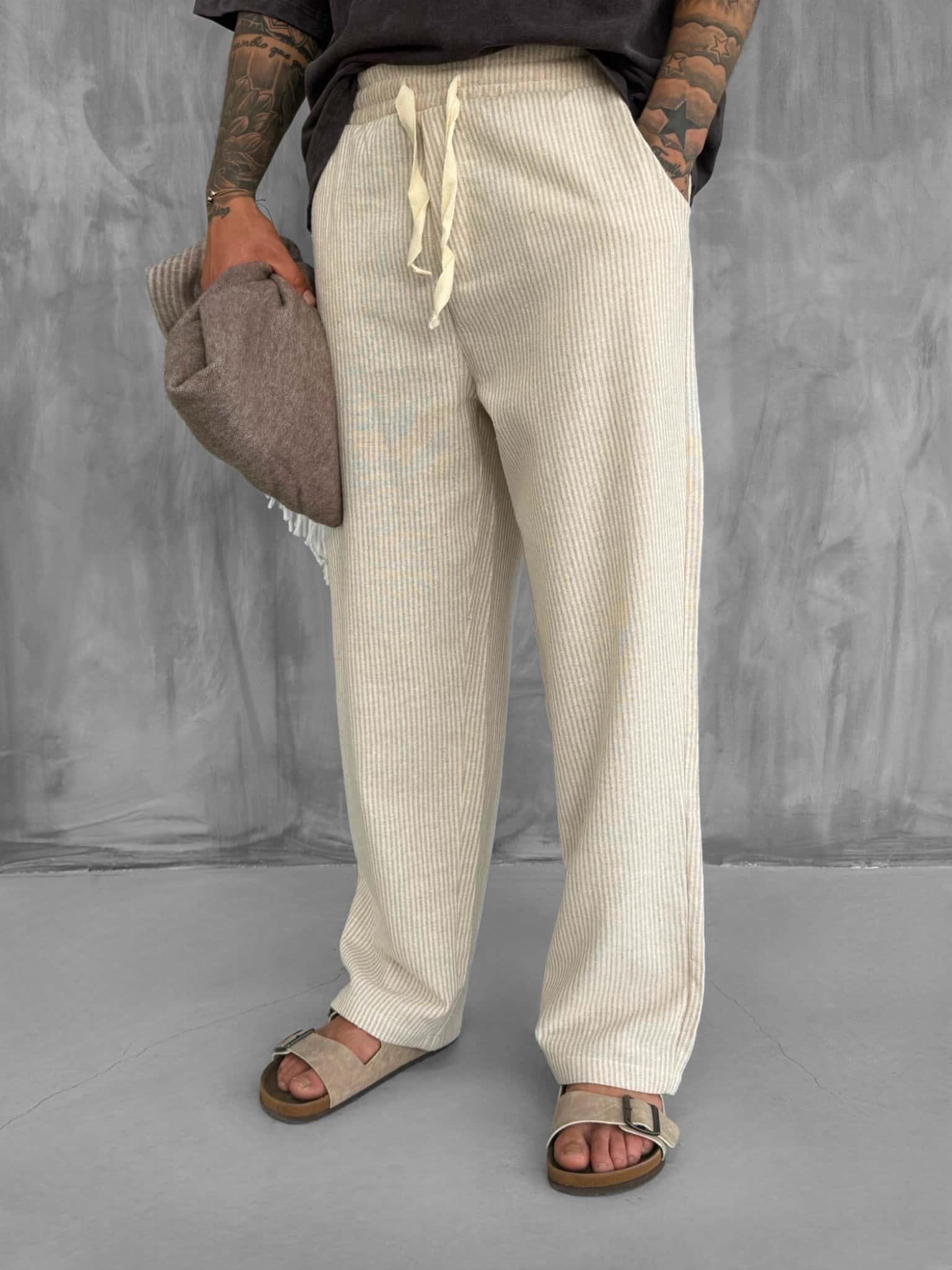 Erkek Beli Lastikli Çizgili Baggy Fit Pantolon Bej