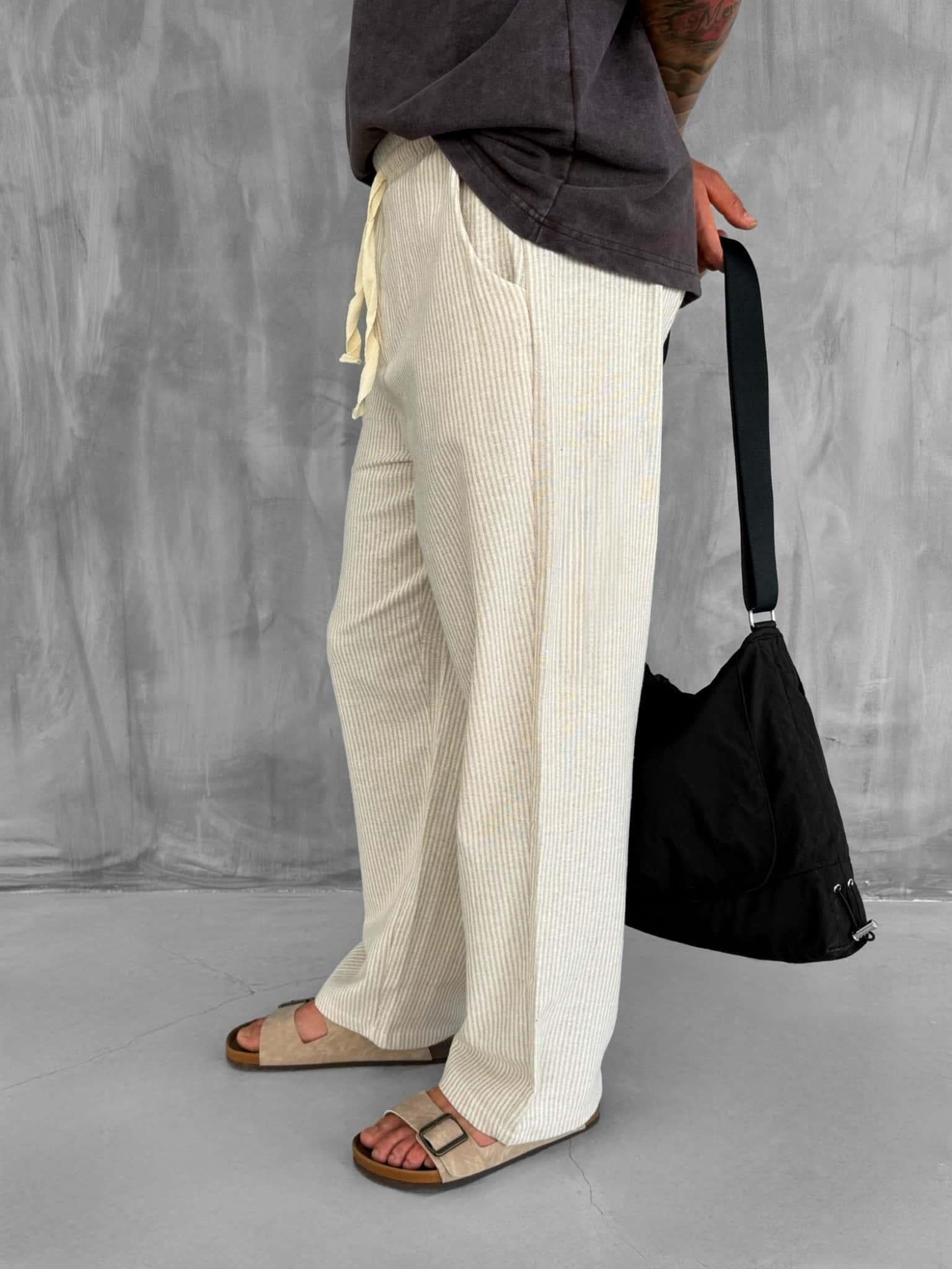Erkek Beli Lastikli Çizgili Baggy Fit Pantolon Bej