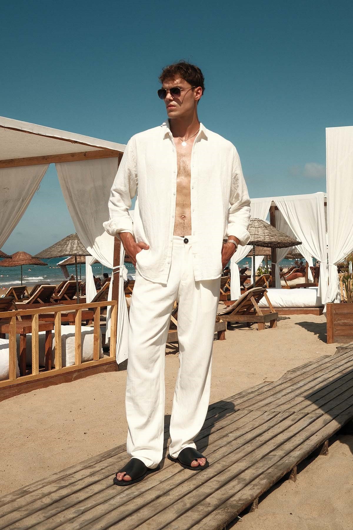 Erkek Beli Lastikli Desenli Baggy Pantolon Beyaz