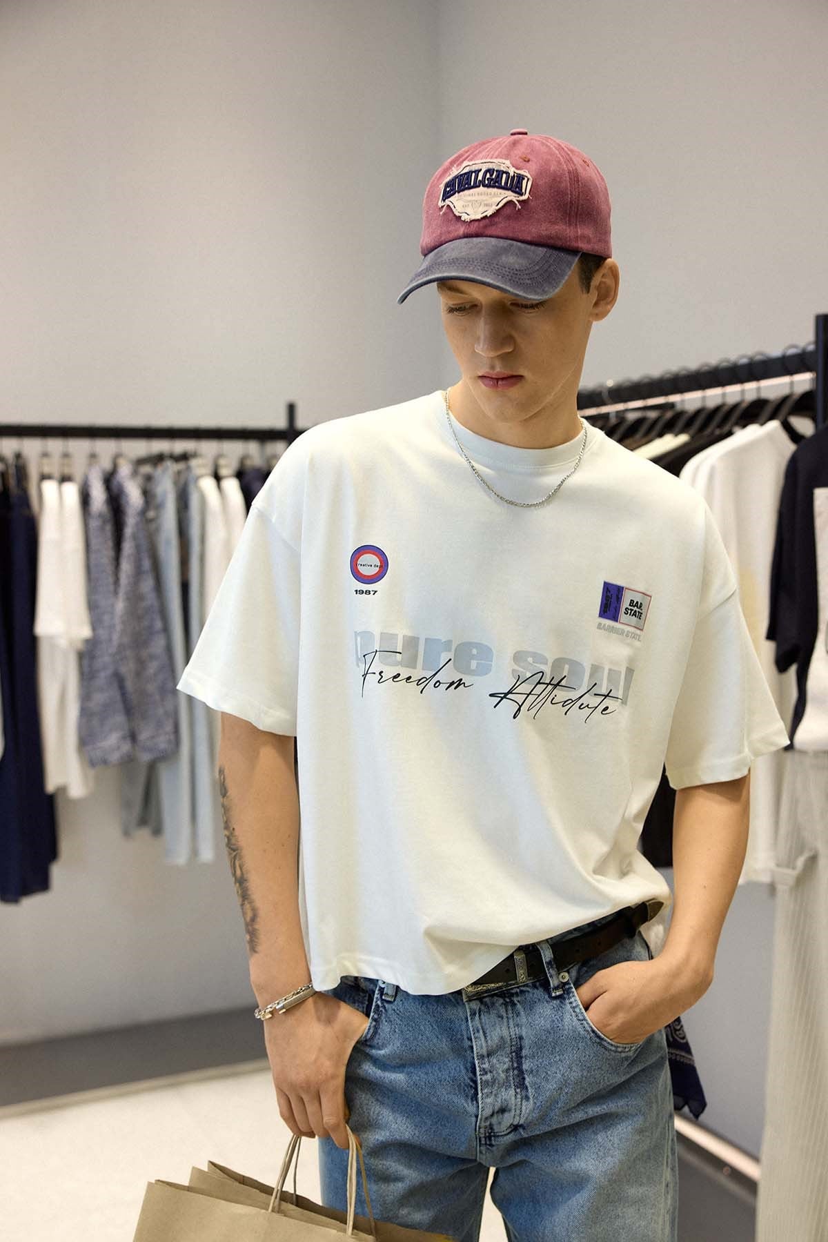 Erkek Boxy Fit %100 Pamuk Grafik Baskılı T-Shirt Ekru