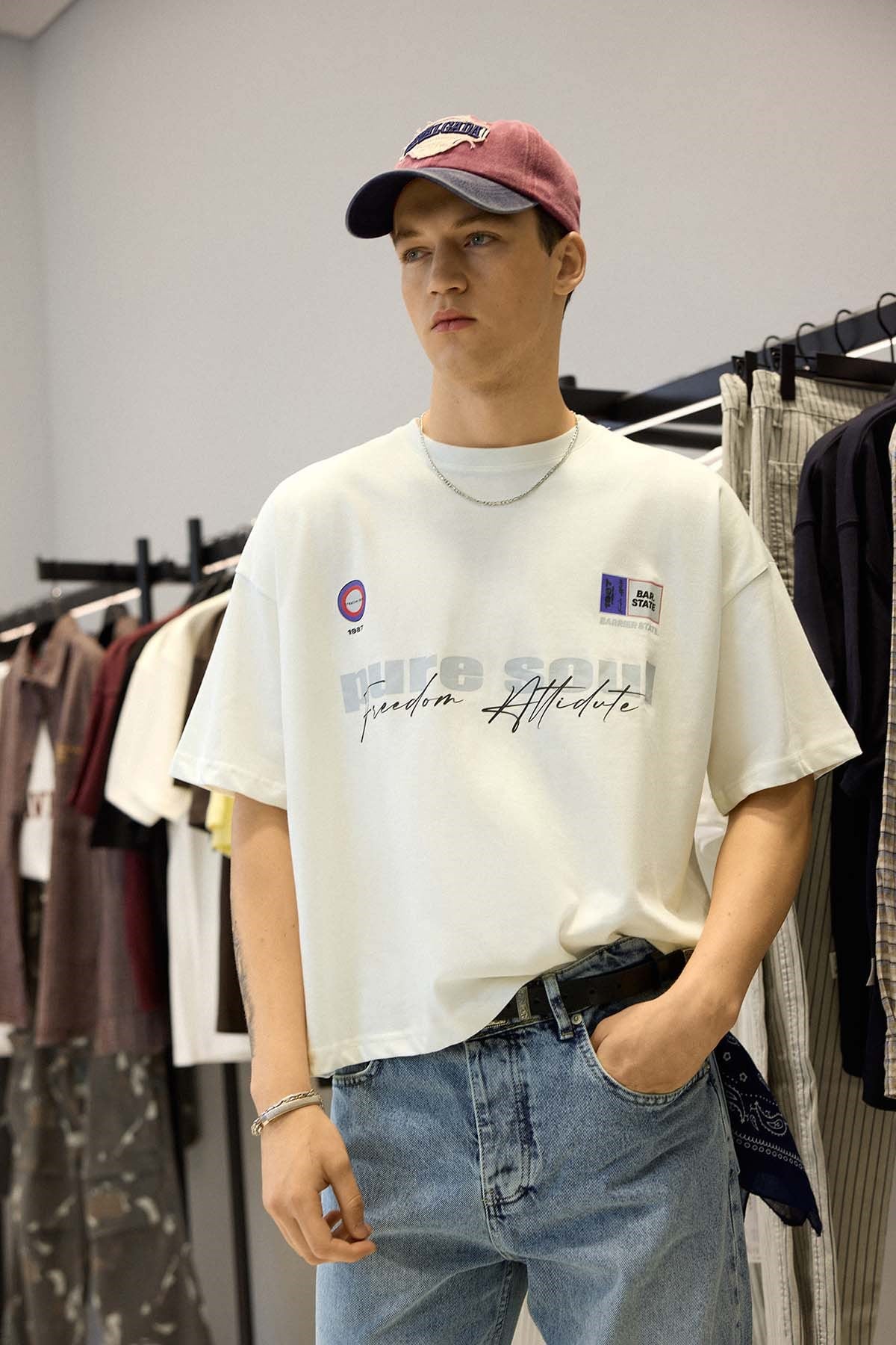 Erkek Boxy Fit %100 Pamuk Grafik Baskılı T-Shirt Ekru