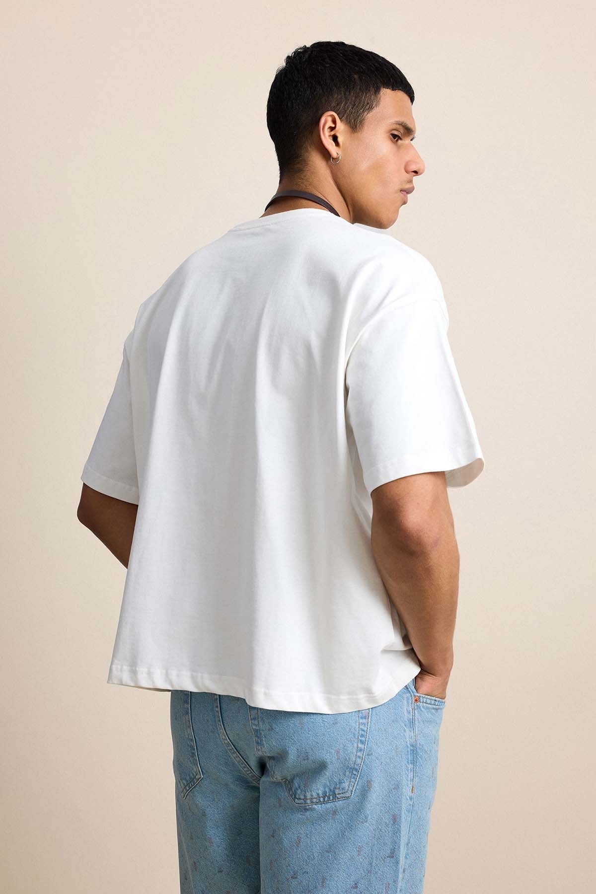 Erkek Boxy Fit Basic %100 Pamuklu T-Shirt Ekru