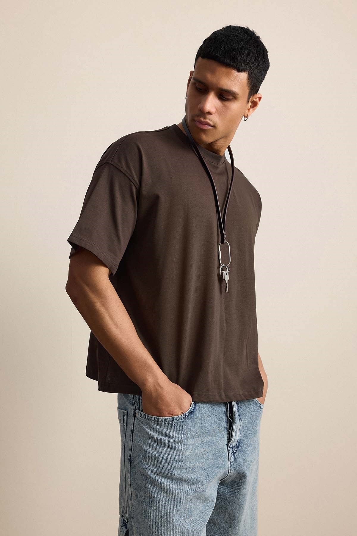 Erkek Boxy Fit Basic %100 Pamuklu T-Shirt Kahverengi