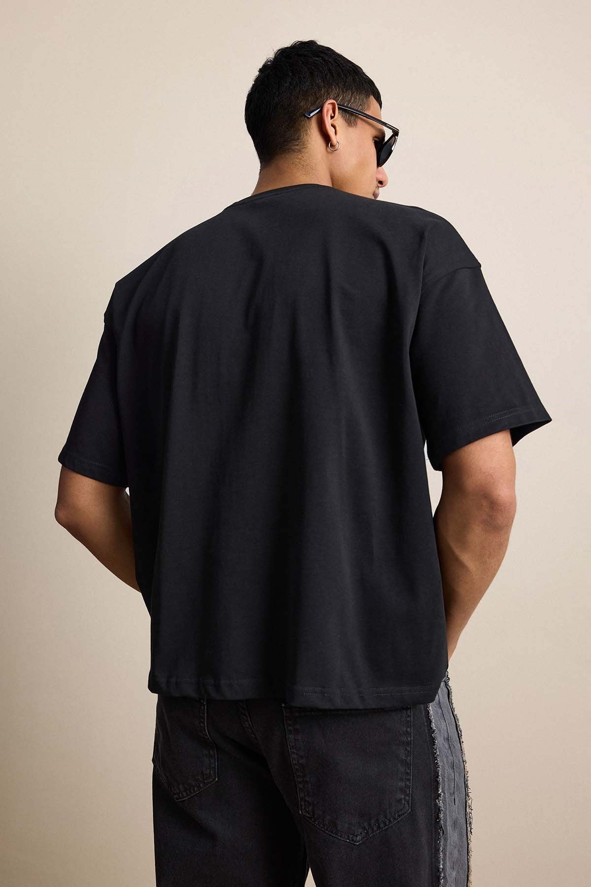 Erkek Boxy Fit Basic %100 Pamuklu T-Shirt Siyah