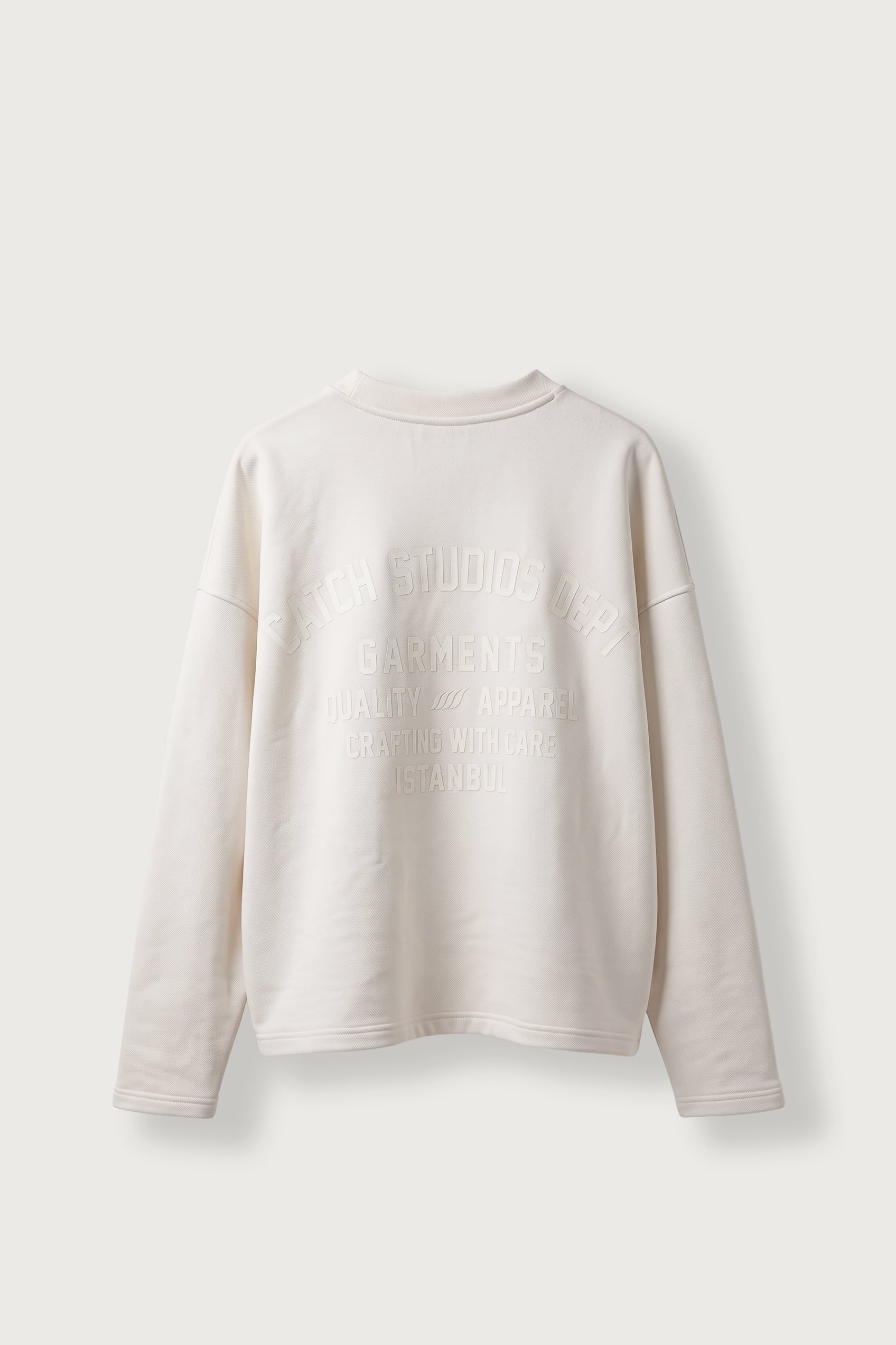 Erkek Boxy Fit Basic Bisiklet Yaka Scuba Sweatshirt Ekru