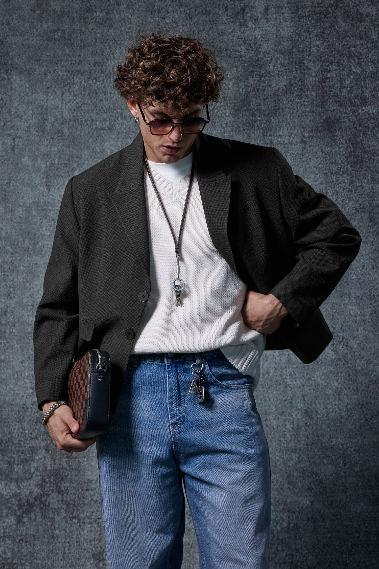 Erkek Boxy Fit Düğmeli Blazer Ceket Siyah