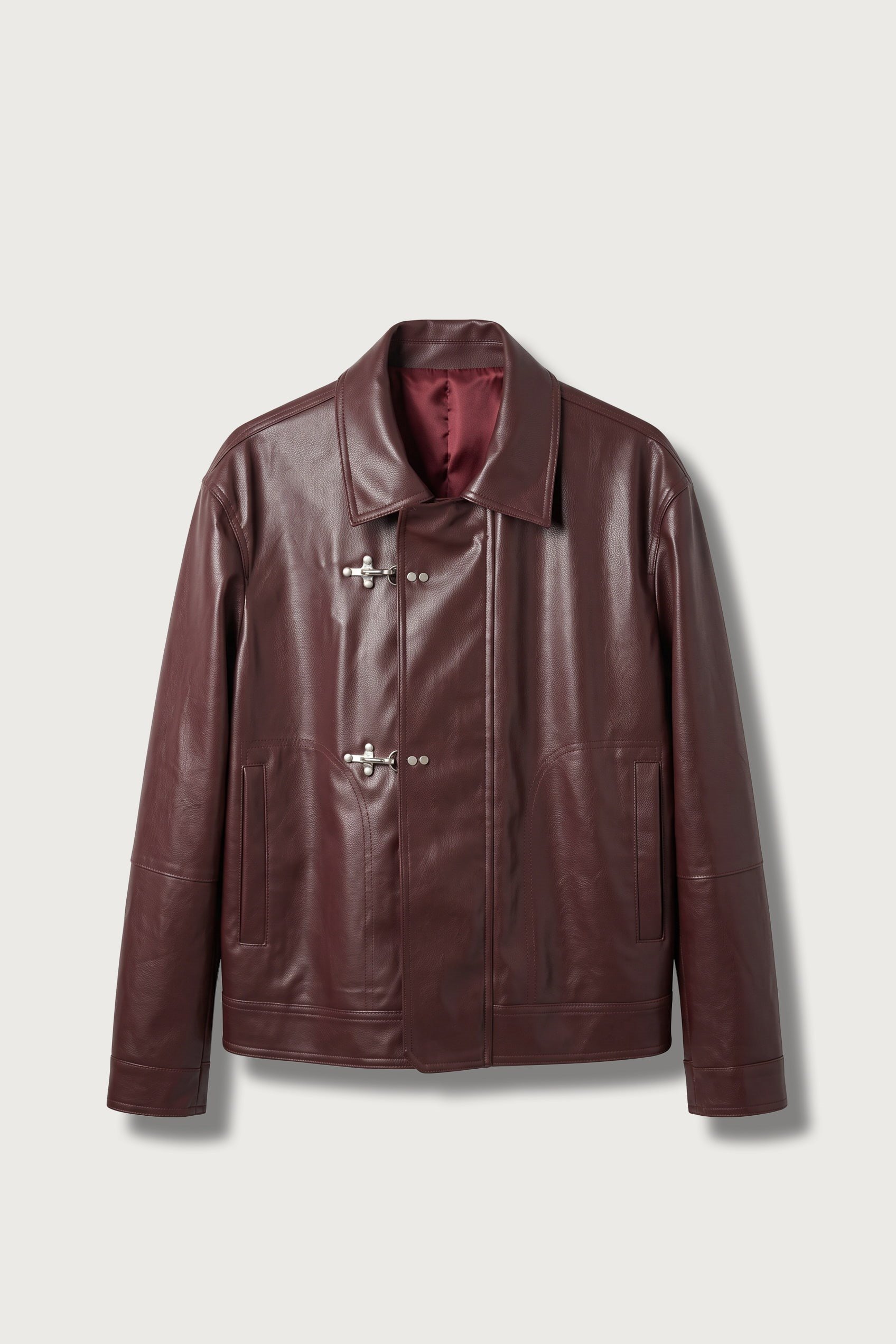 Erkek Boxy Fit Metal Tokalı Deri Ceket Bordo