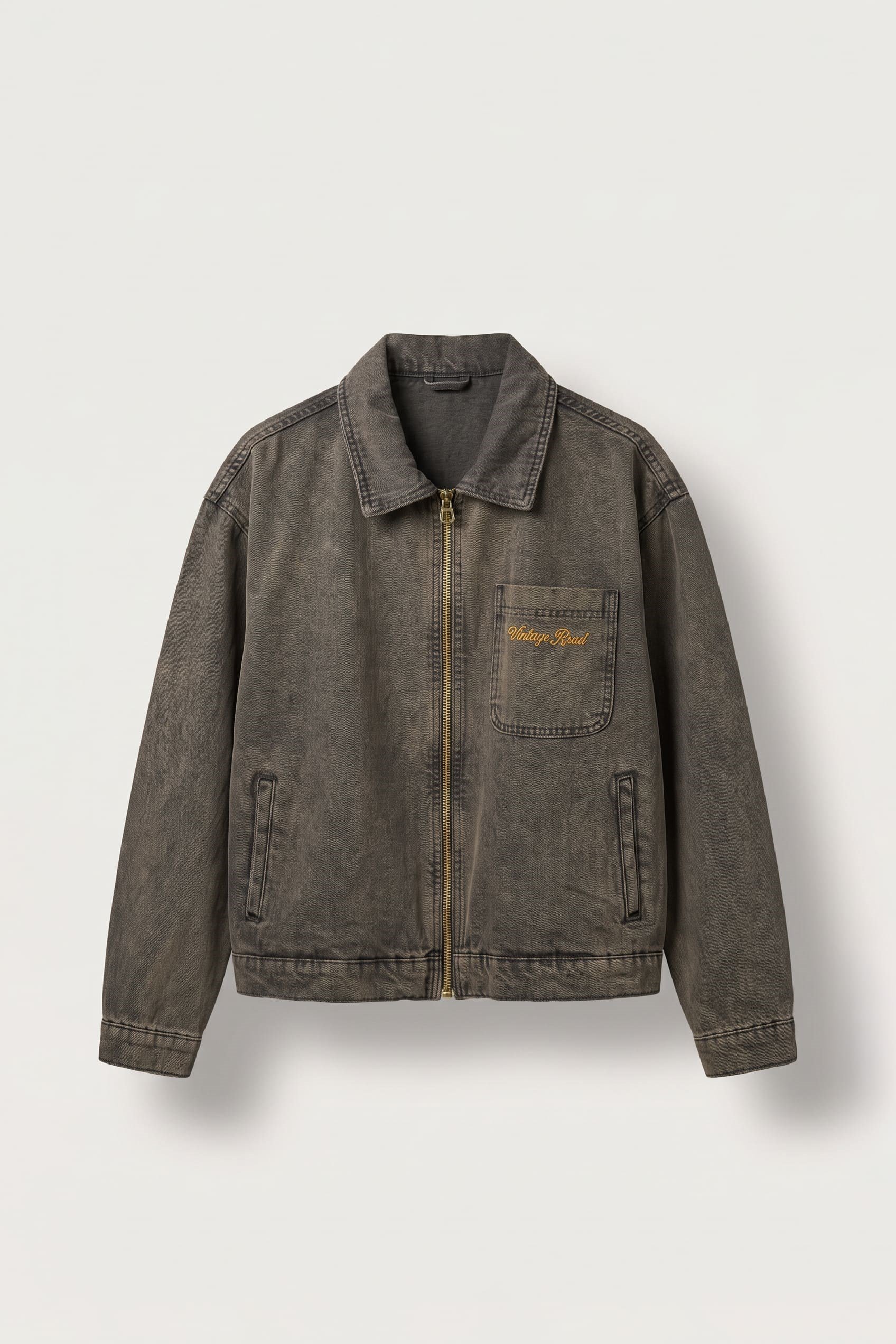 Erkek Boxy Fit Vintage Yıkamalı Nakışlı Denim Ceket Kahverengi
