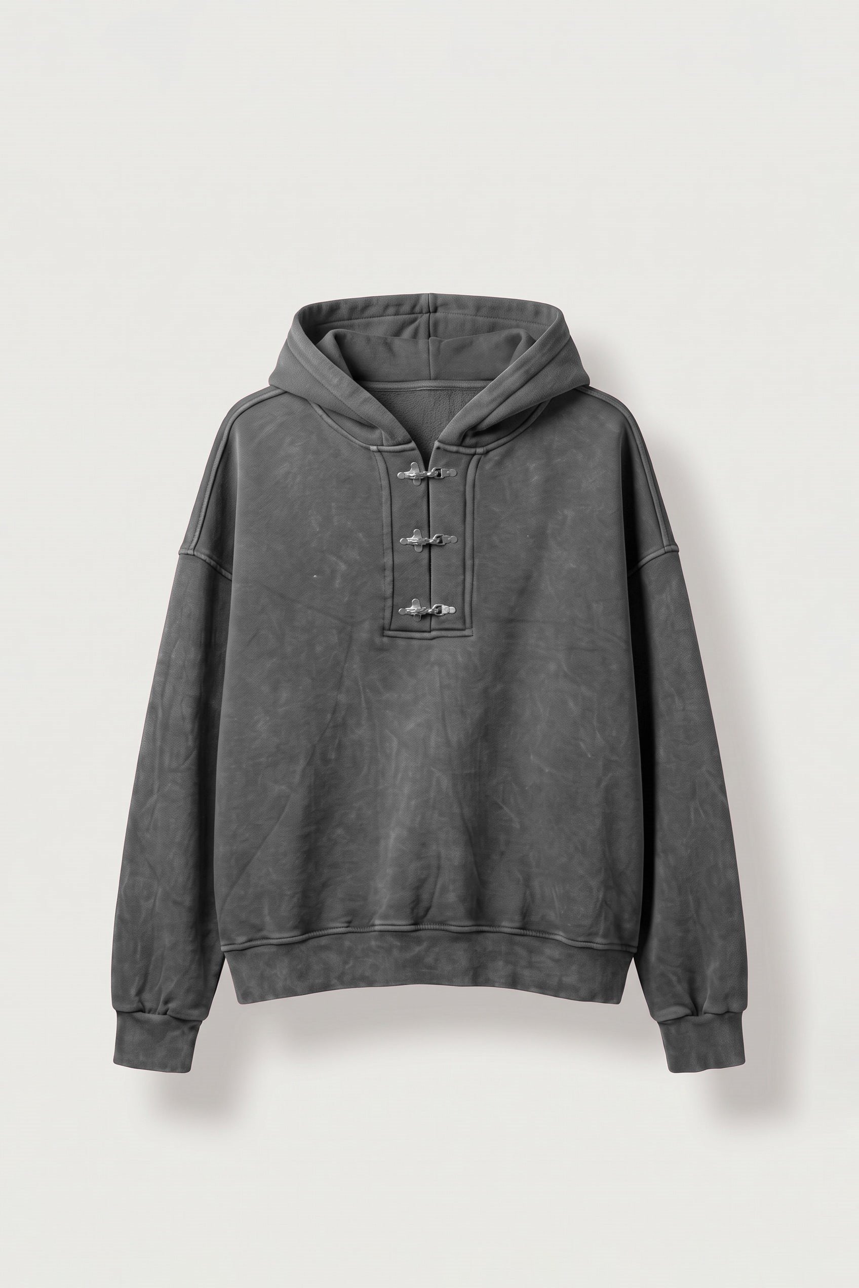 Erkek Boxy Fit Yıkamalı Metal Tokalı Kapüşonlu Sweatshirt Füme