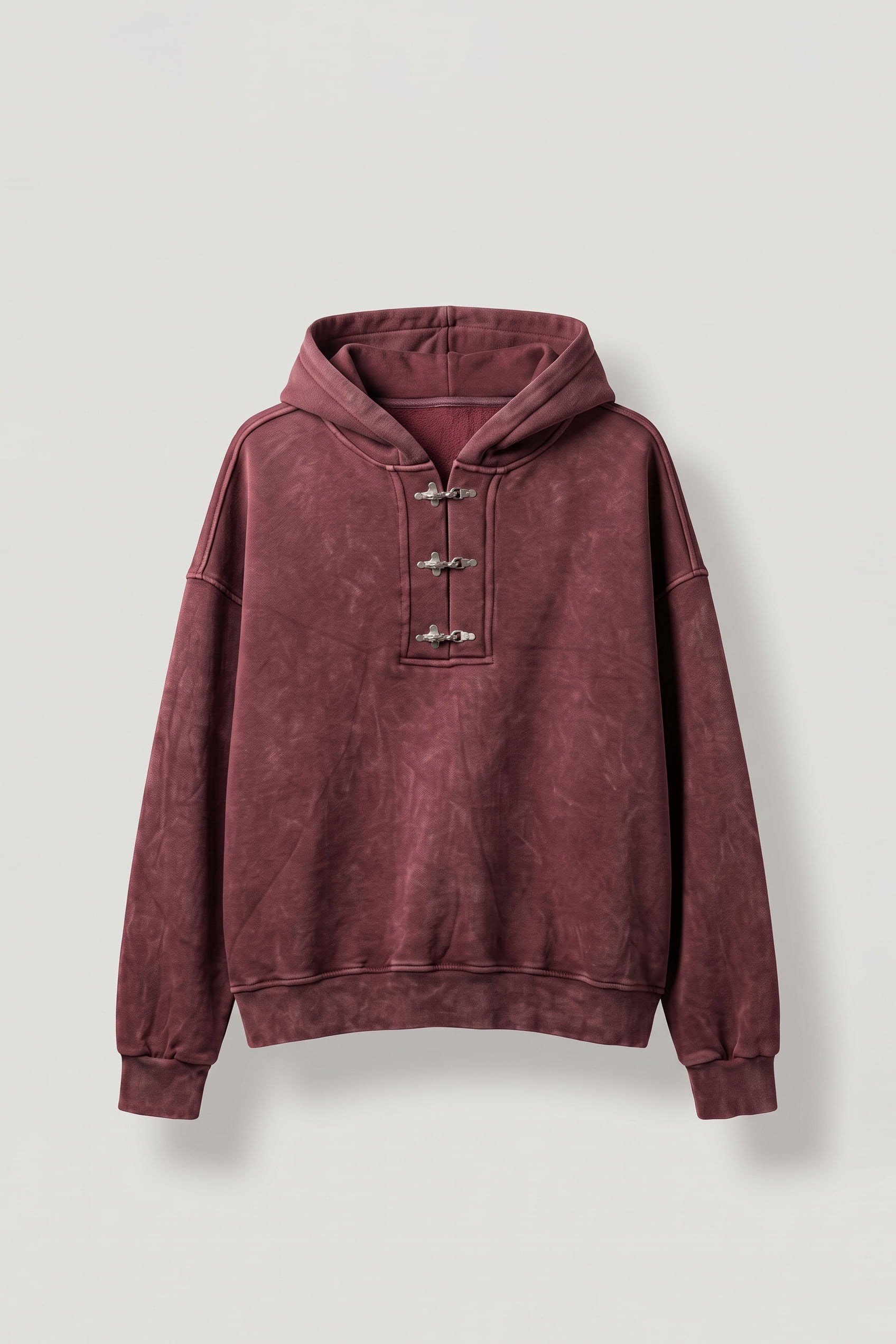 Erkek Boxy Fit Yıkamalı Metal Tokalı Kapüşonlu Sweatshirt Bordo