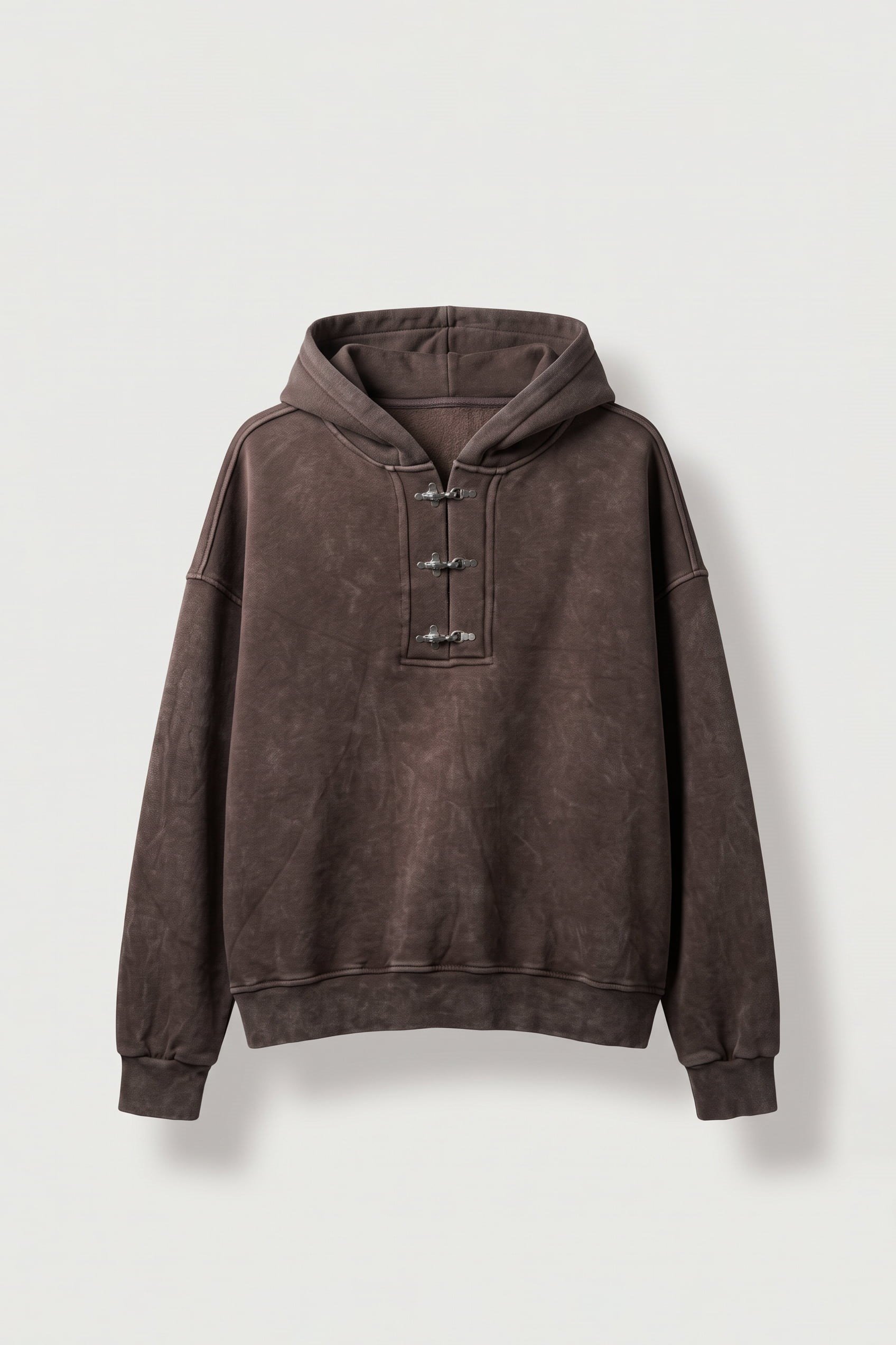 Erkek Boxy Fit Yıkamalı Metal Tokalı Kapüşonlu Sweatshirt Kahverengi