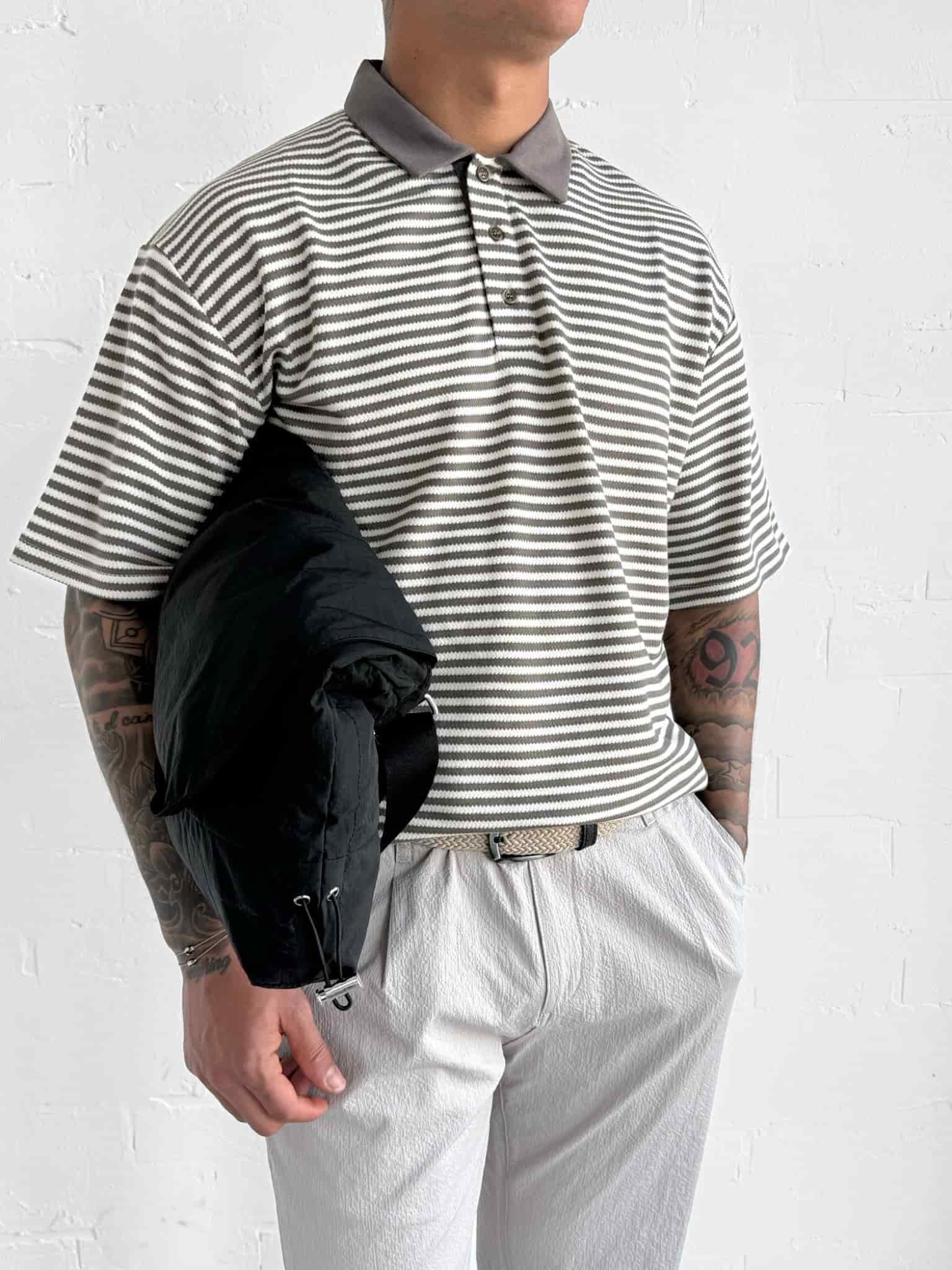 Erkek Çizgili Polo Yaka Oversize T-Shirt Kahve