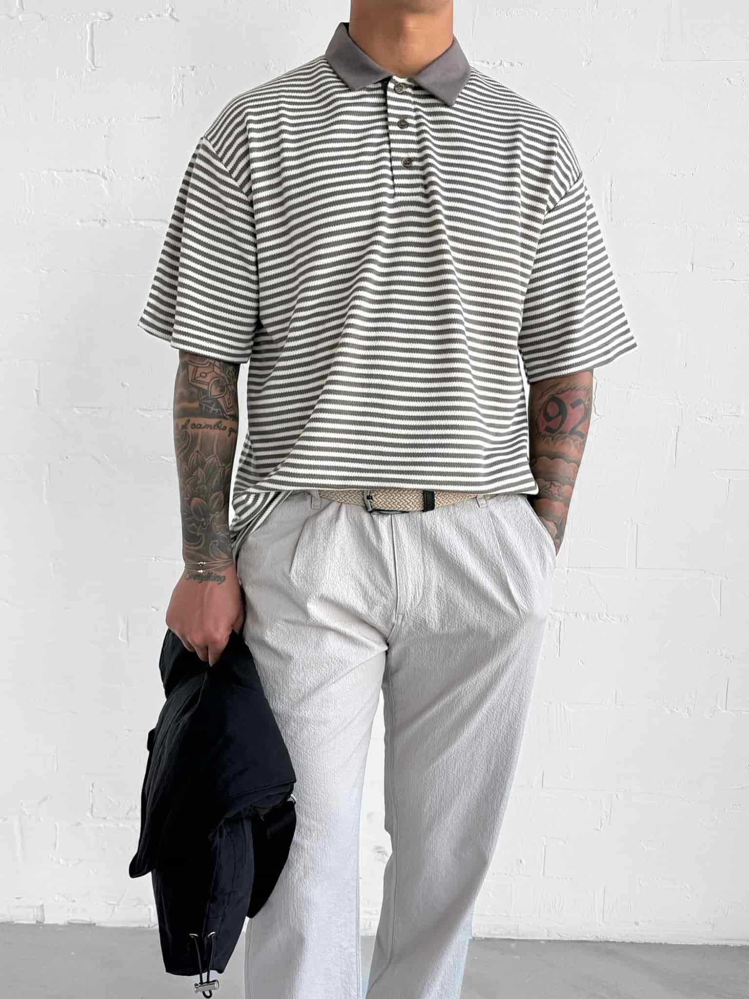 Erkek Çizgili Polo Yaka Oversize T-Shirt Kahve