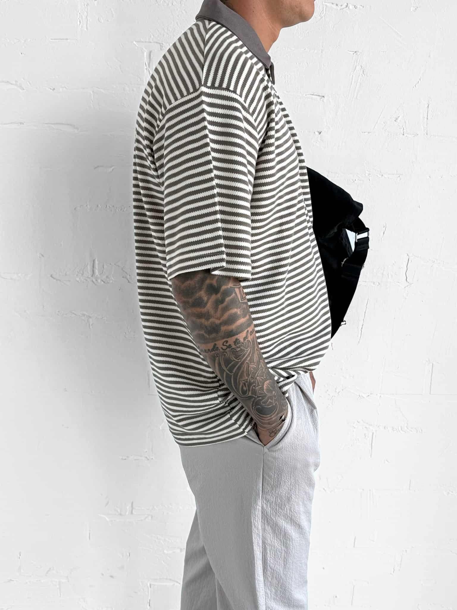 Erkek Çizgili Polo Yaka Oversize T-Shirt Kahve