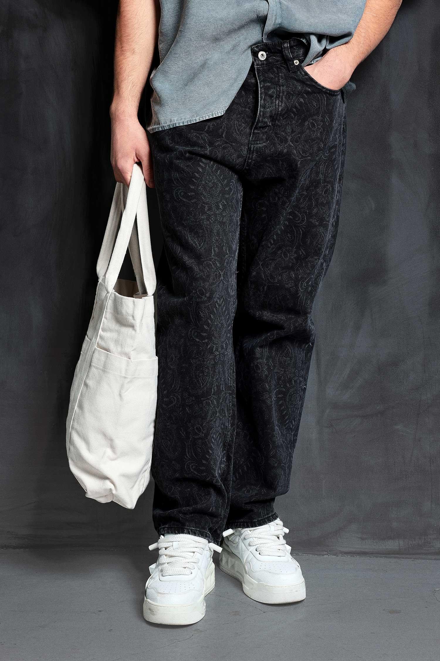Erkek Desenli Baggy Fit Jean Siyah