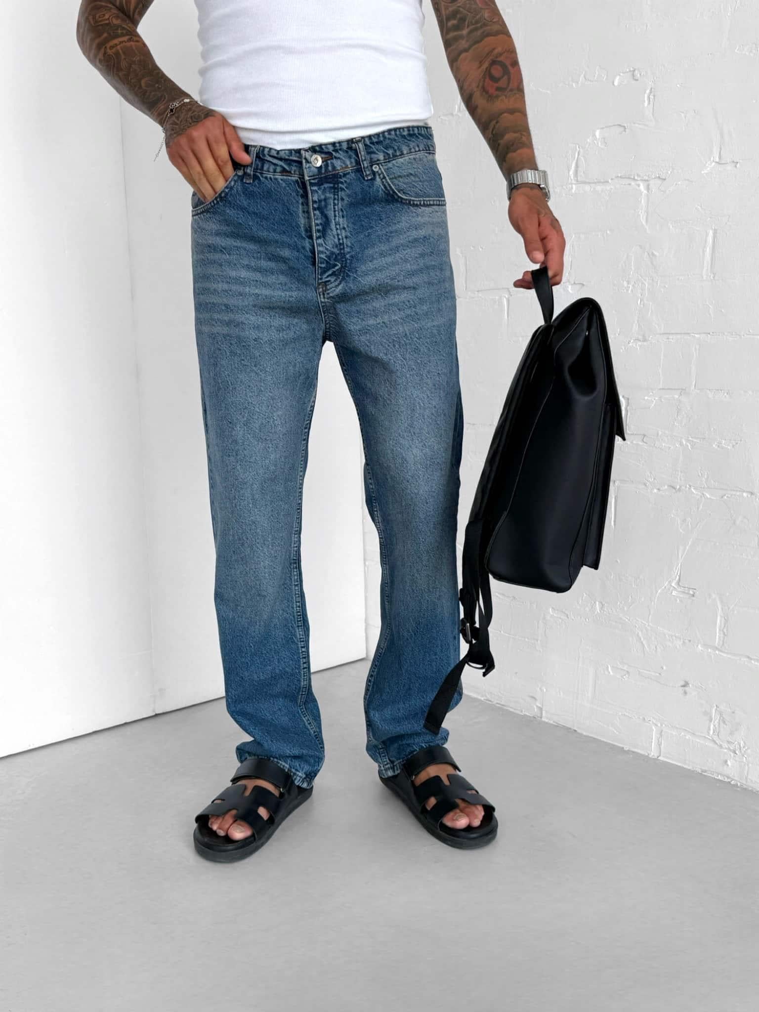 Erkek Efektli Yıkamalı Baggy Fit Jean Koyu Mavi