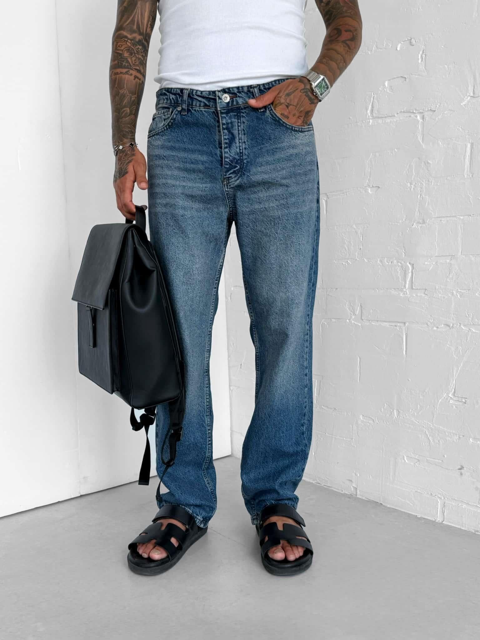 Erkek Efektli Yıkamalı Baggy Fit Jean Koyu Mavi