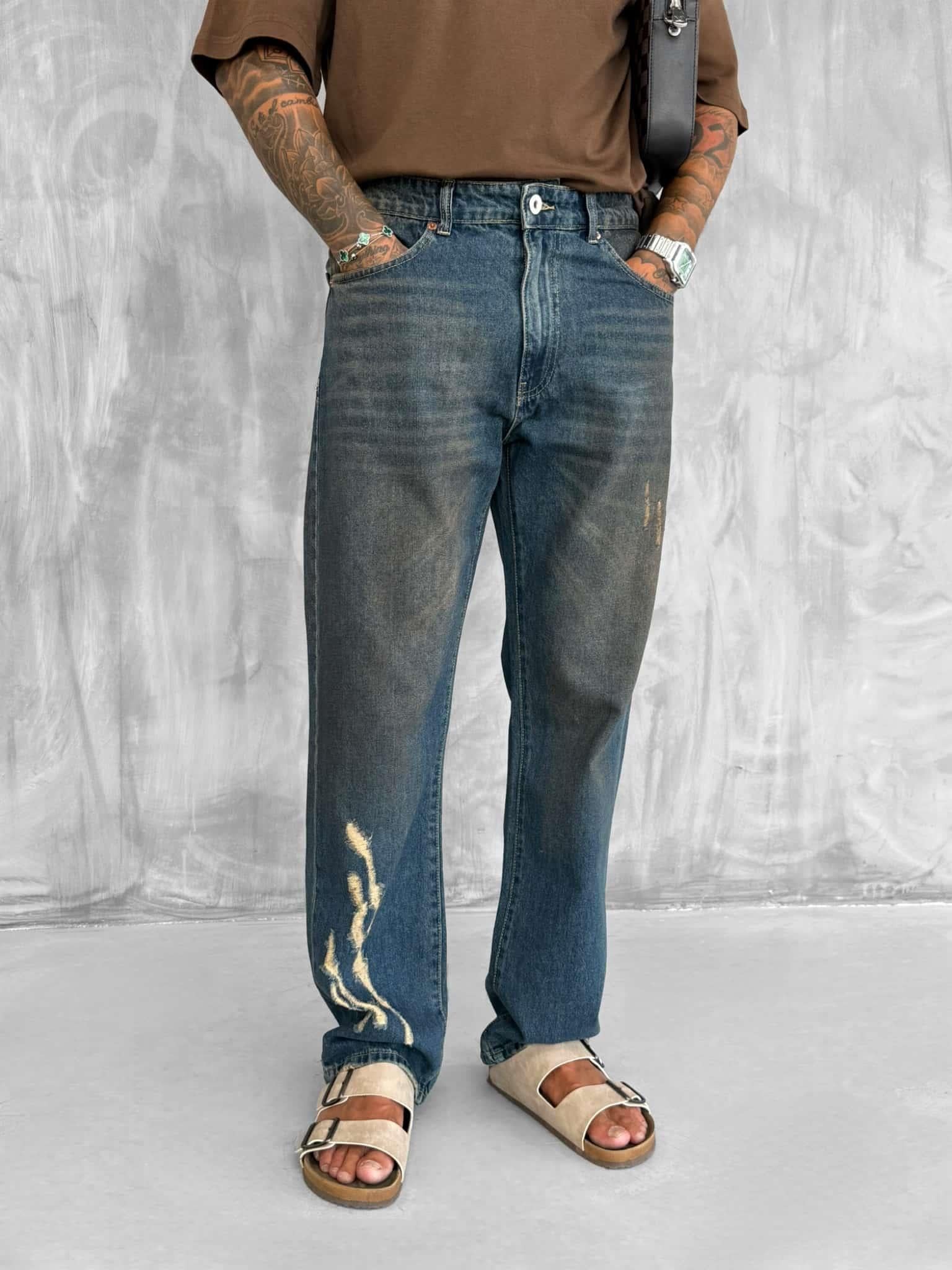 Erkek Eskitme Detaylı Baggy Fit Jean Lacivert