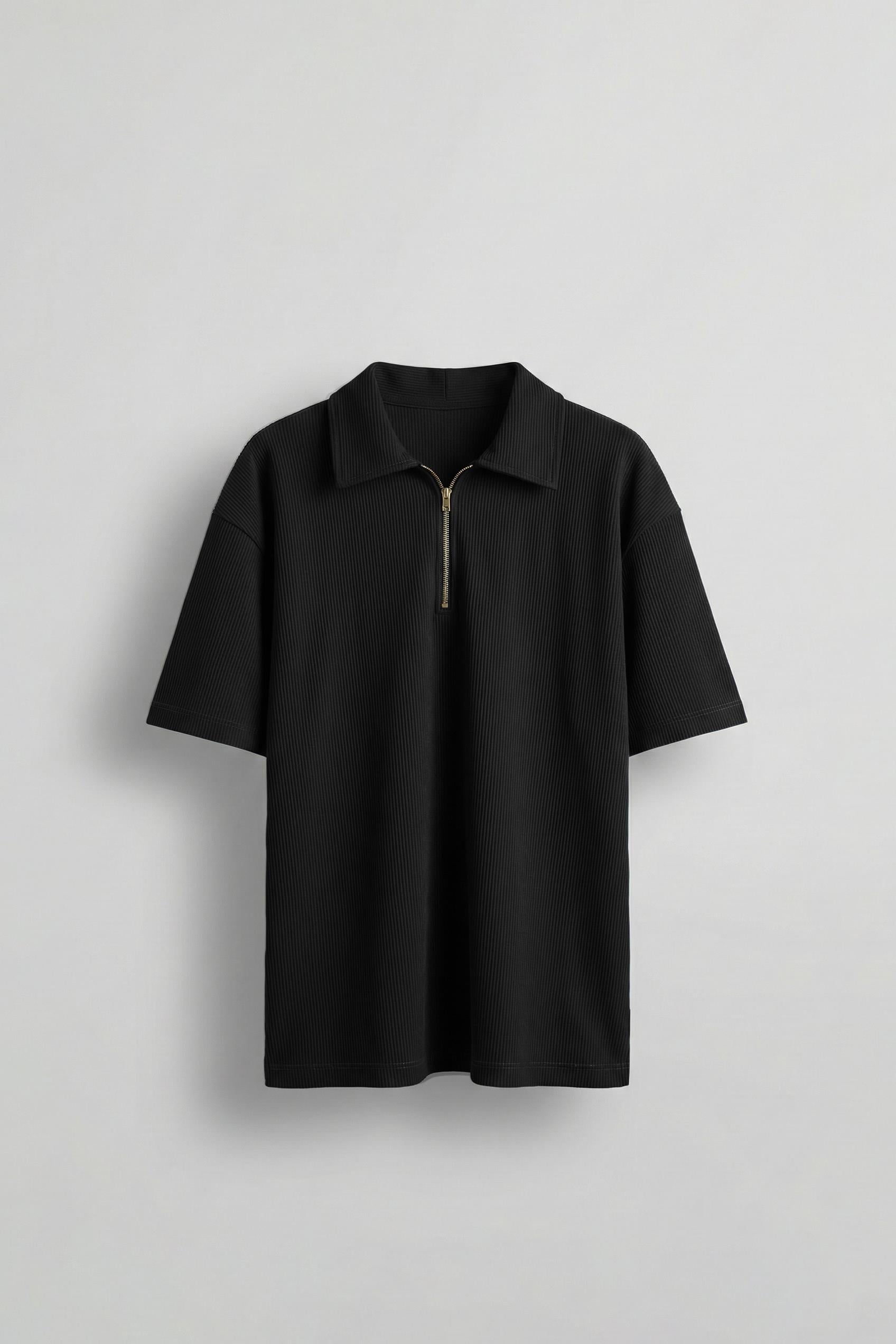 Erkek Fermuarlı Polo Yaka T-Shirt Siyah