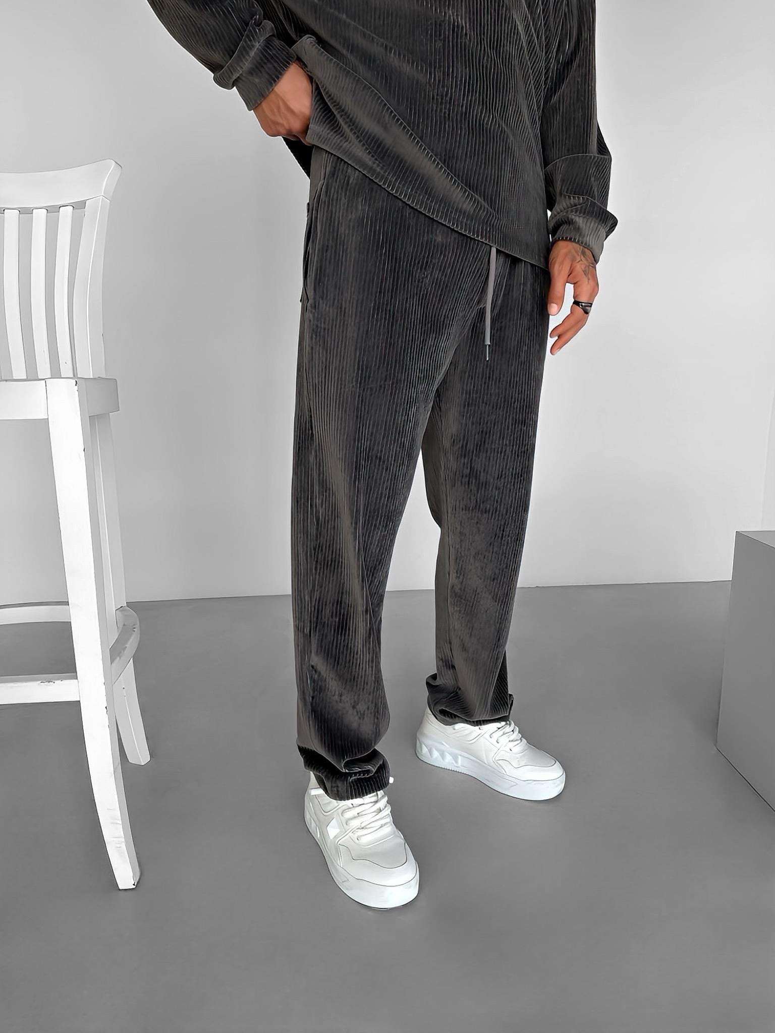 Erkek Jogger Esnek Rahat Beli Lastikli Fitilli Kadife Pantolon Füme