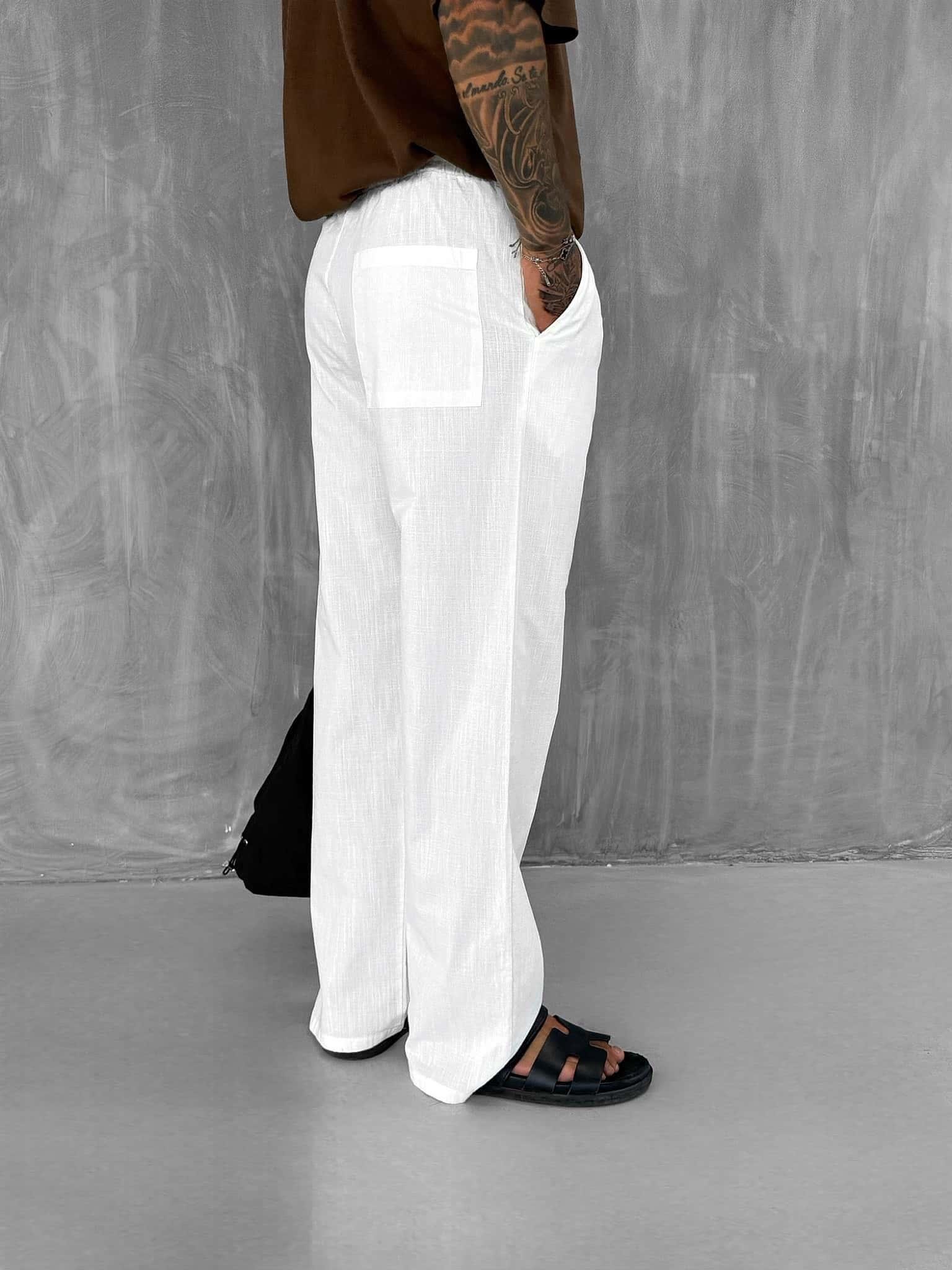 Erkek Keten Görünümlü Beli Lastikli Baggy Pantolon Beyaz