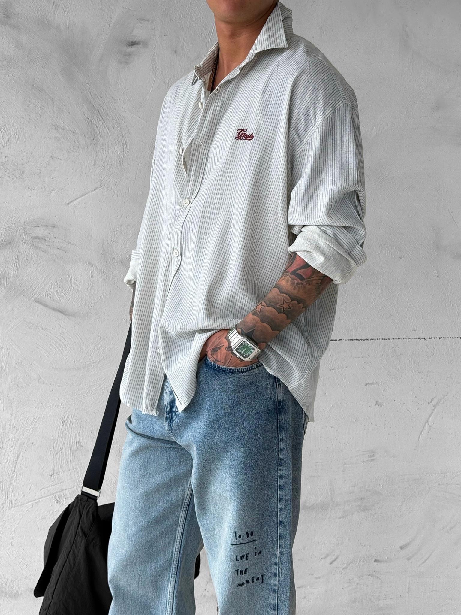 Erkek Keten Görünümlü Retro İşlemeli Oversize Gömlek Mavi