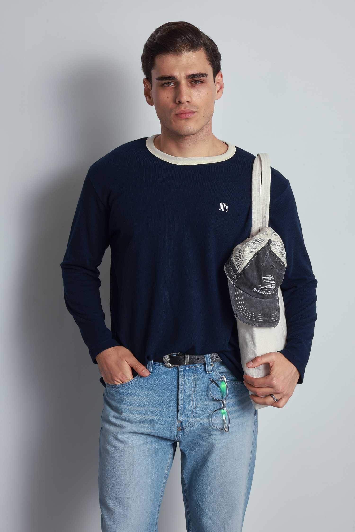 Erkek Kontrast Detaylı Oversize Basic Sweatshirt Lacivert