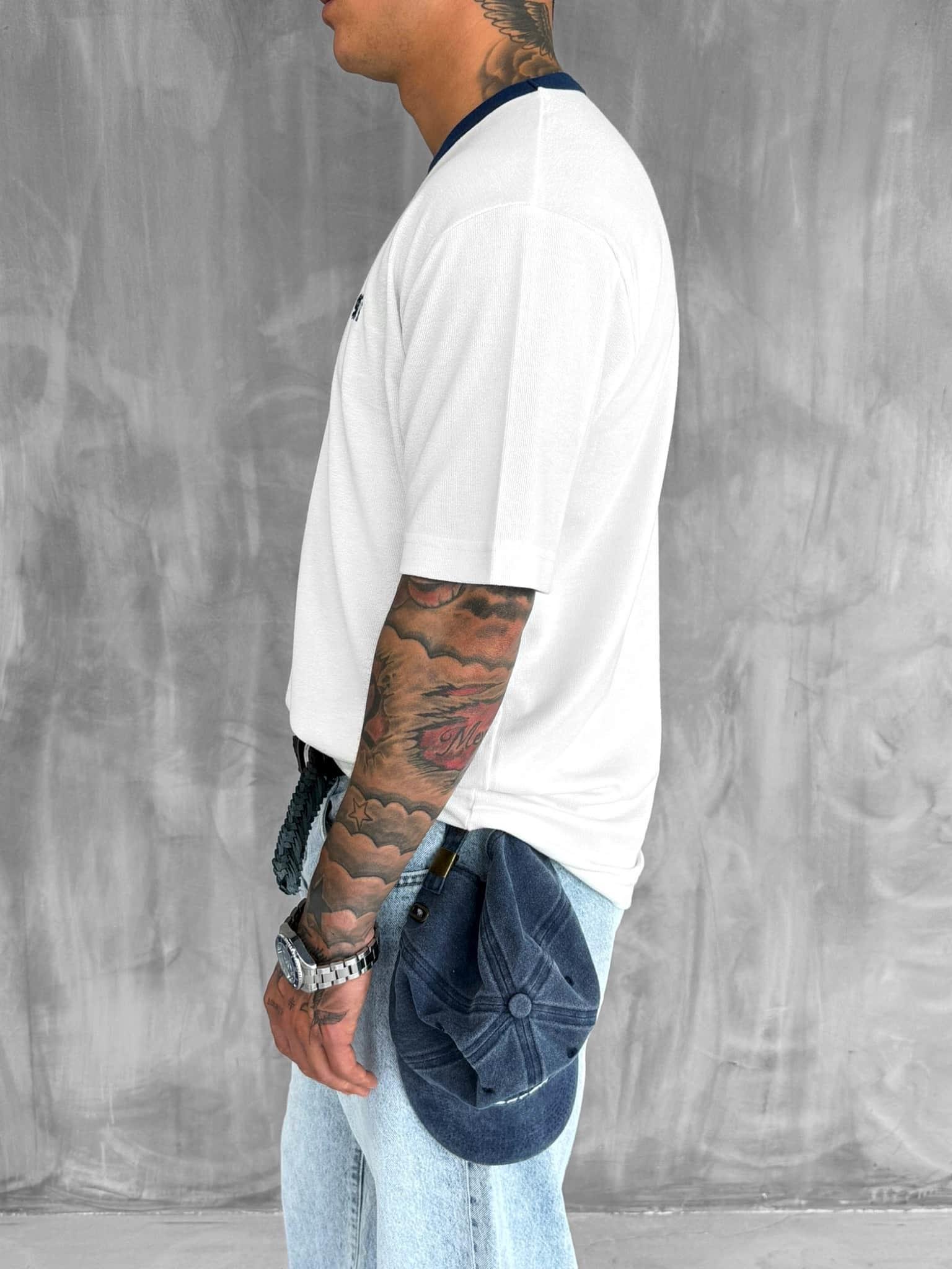 Erkek Kontrast Detaylı Oversize Basic T-Shirt Ekru