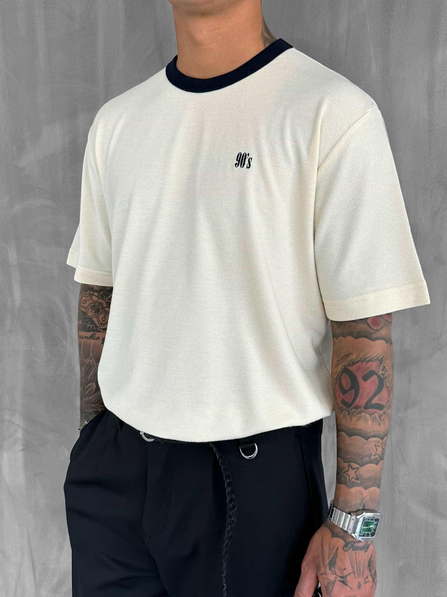Erkek Kontrast Detaylı Oversize Basic T-Shirt Krem