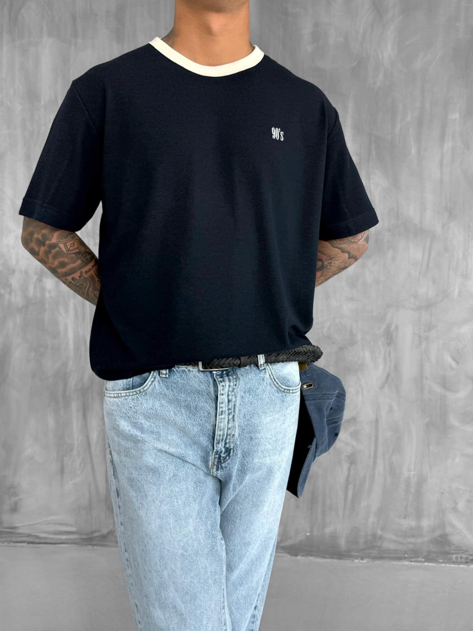 Erkek Kontrast Detaylı Oversize Basic T-Shirt Lacivert