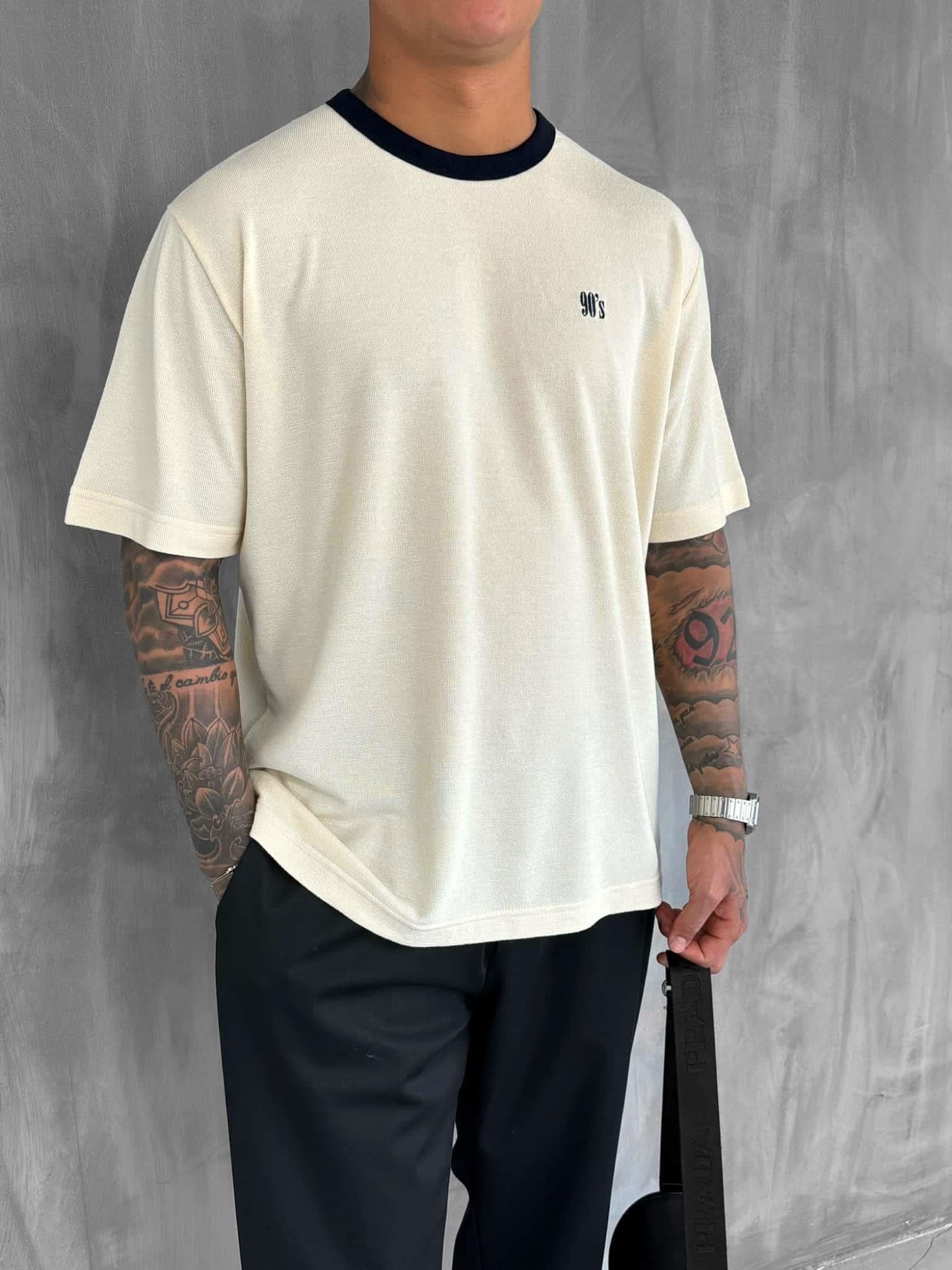 Erkek Kontrast Detaylı Oversize Basic T-Shirt Krem